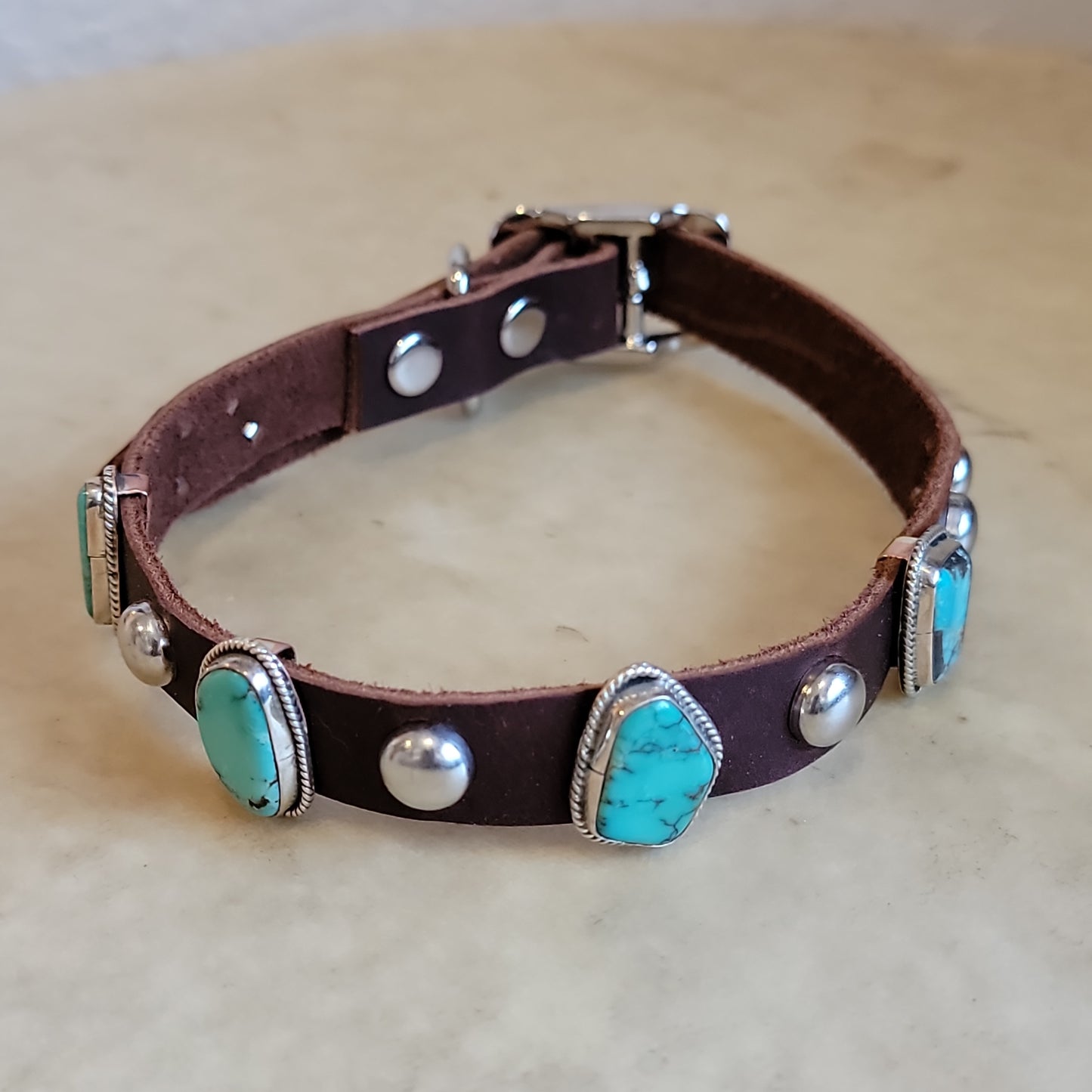 Sterling Silver with Turquoise on Leather Dog Collar/ Dog Jewelry