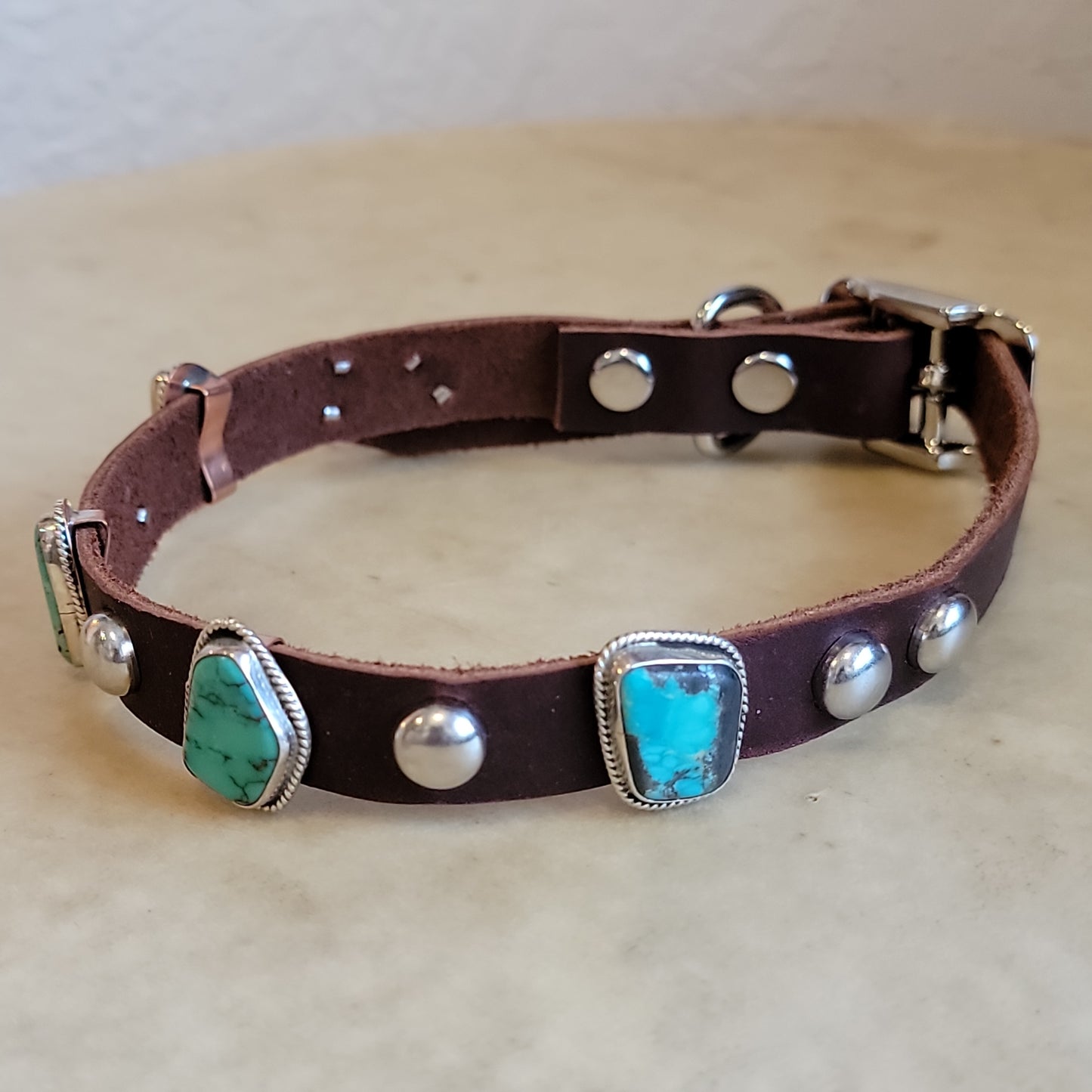 Sterling Silver with Turquoise on Leather Dog Collar/ Dog Jewelry