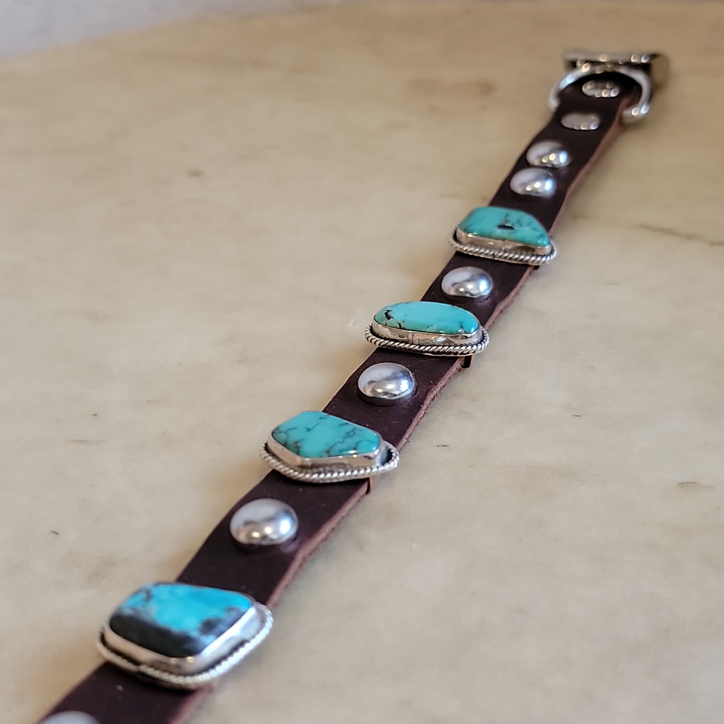 Sterling Silver with Turquoise on Leather Dog Collar/ Dog Jewelry