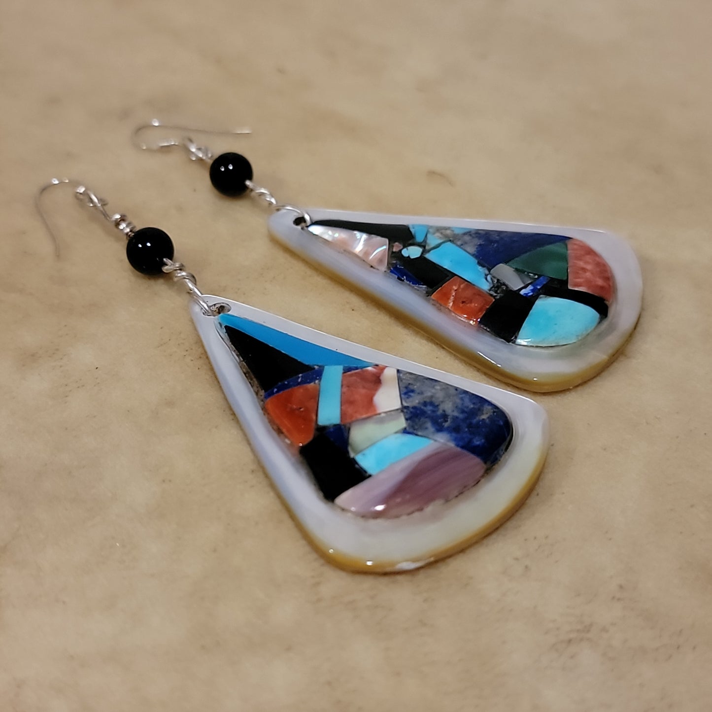 Chad Quandelacy Tear Drop Shaped Mosaic Inlay Zuni Earrings Indian Jewelry