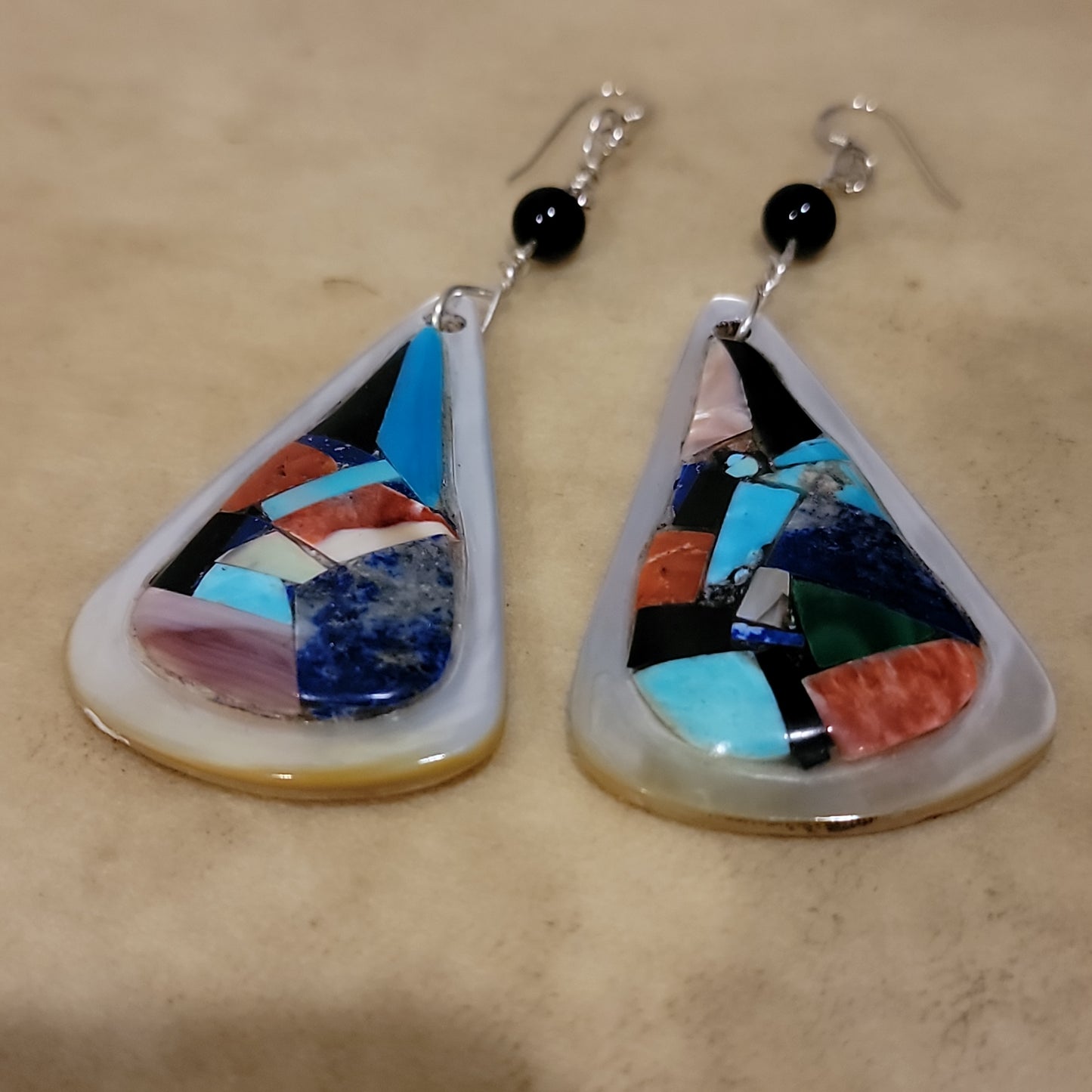 Chad Quandelacy Tear Drop Shaped Mosaic Inlay Zuni Earrings Indian Jewelry