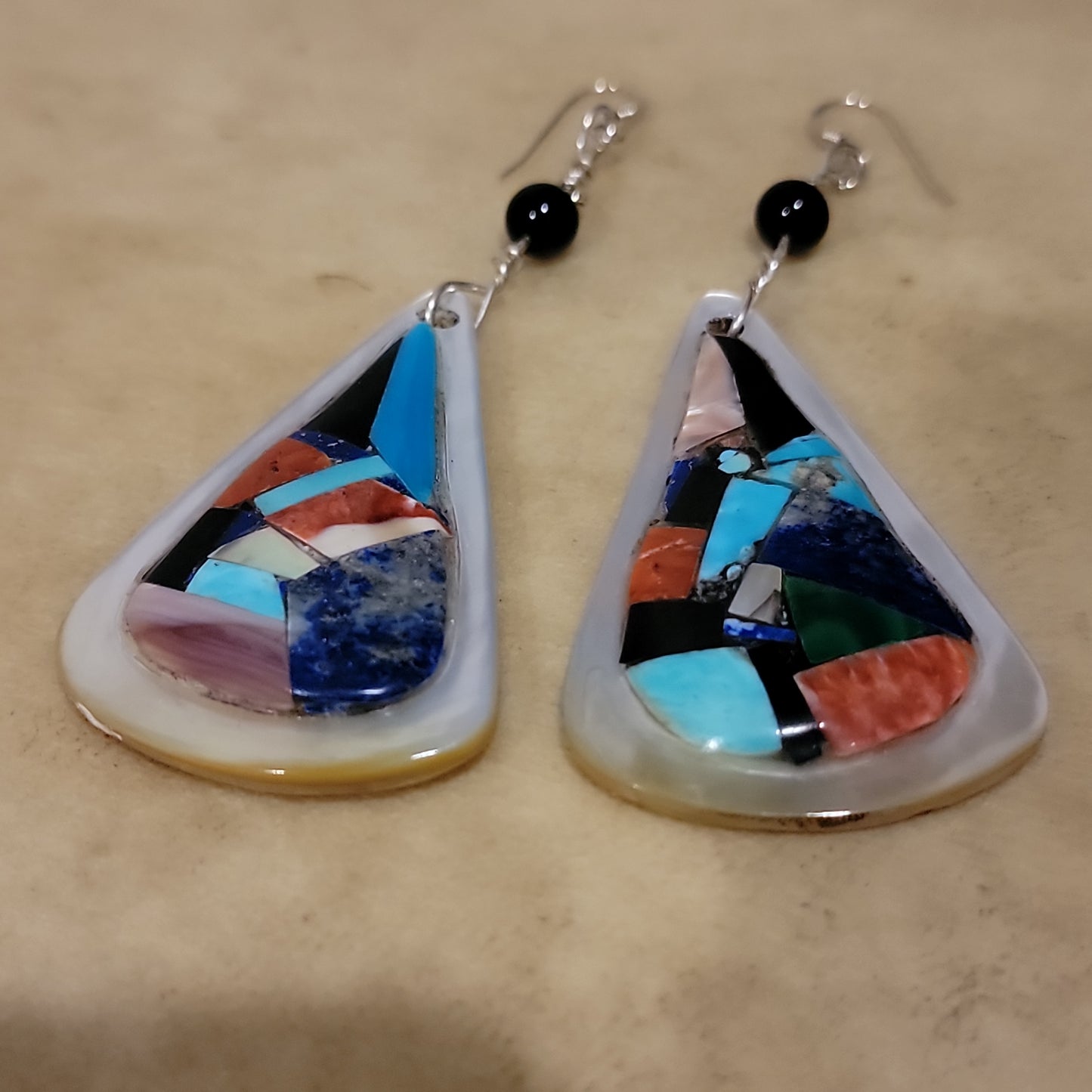 Chad Quandelacy Tear Drop Shaped Mosaic Inlay Zuni Earrings Indian Jewelry