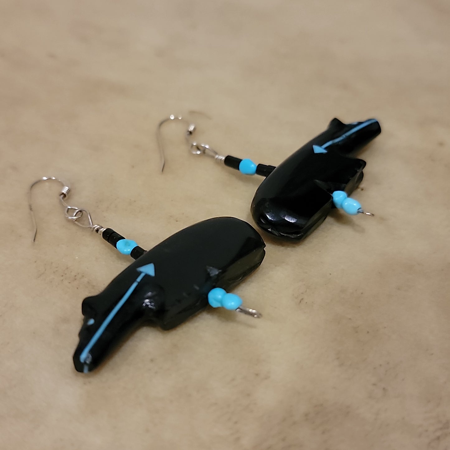 Priscilla Lasiloo Quandelacy Jet Long Necked Bear Zuni Fetish Earrings