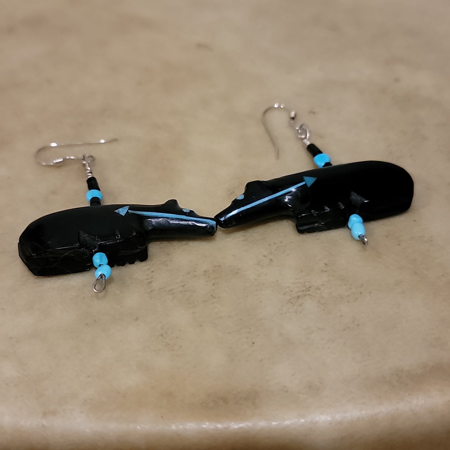Jet Bear Earrings Zuni Fetish