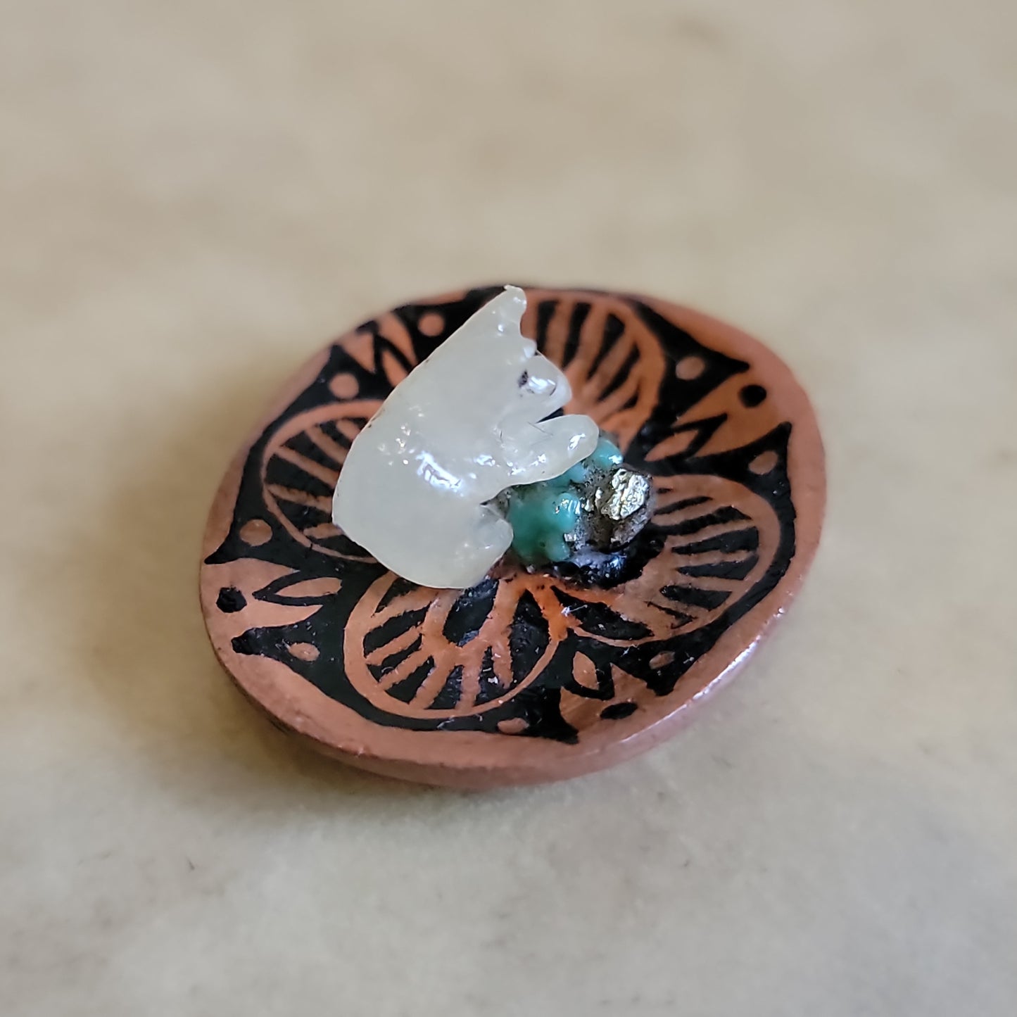 Miniature Alabaster Bear in Zuni Pottery Dish Zuni Fetish