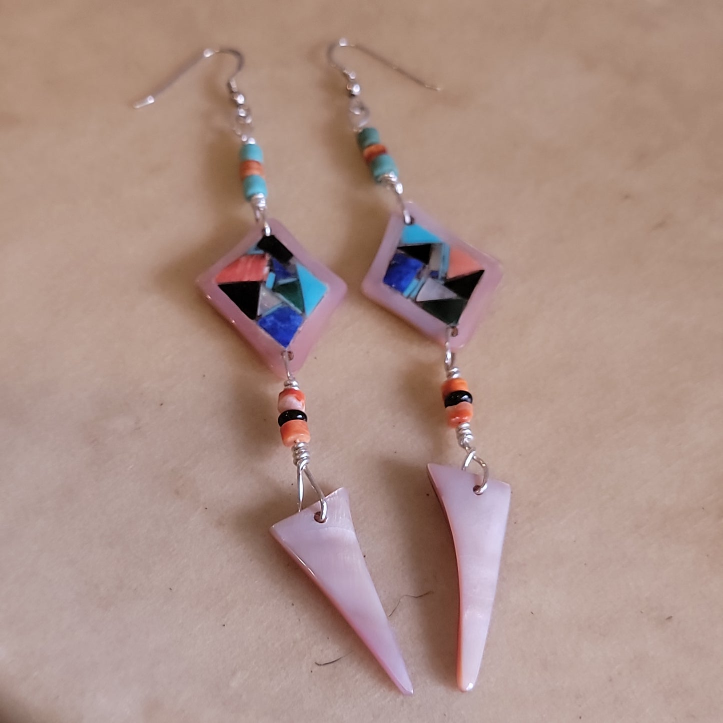 Chad Quandelacy Zuni Dangle Mosaic Inlay Earrings Indian Jewelry