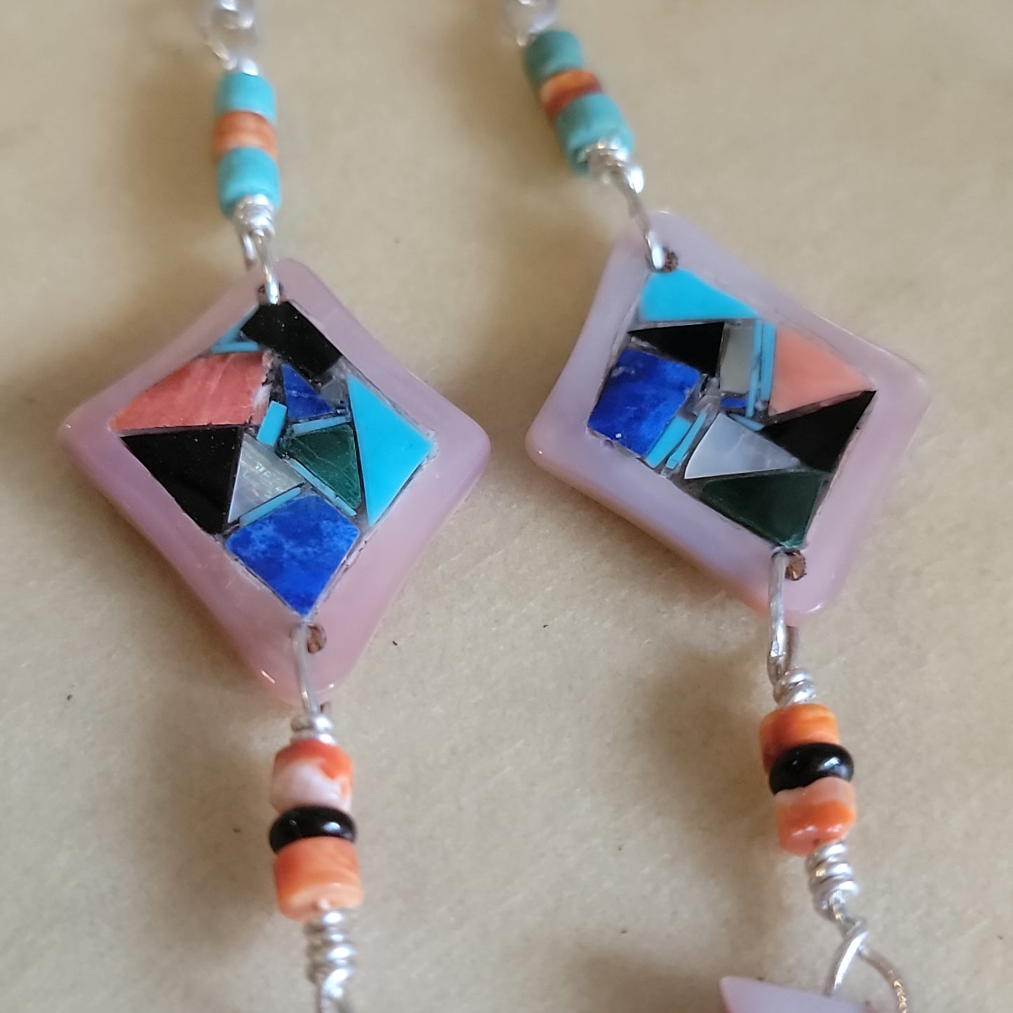 Chad Quandelacy Zuni Dangle Mosaic Inlay Earrings Indian Jewelry