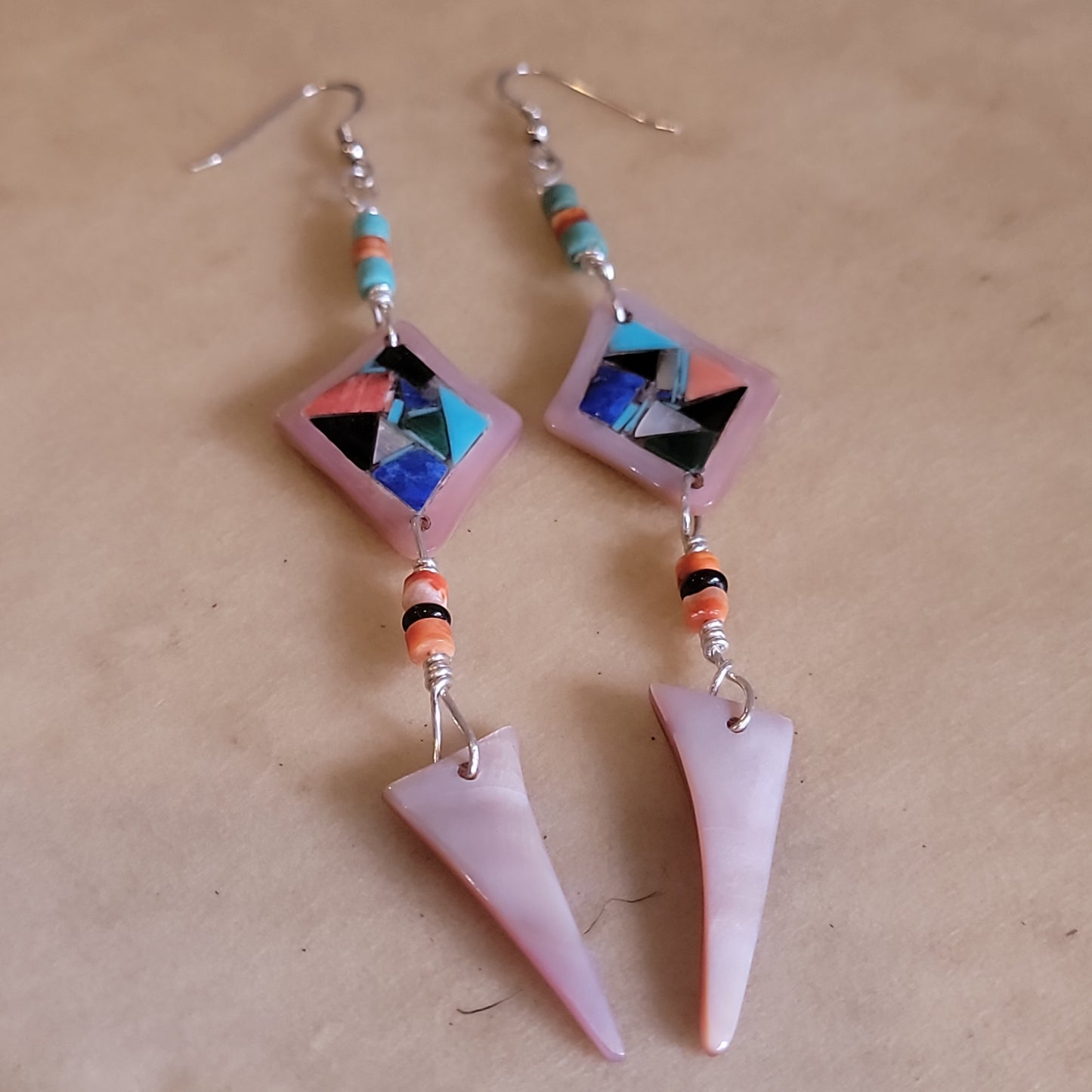 Chad Quandelacy Zuni Dangle Mosaic Inlay Earrings Indian Jewelry