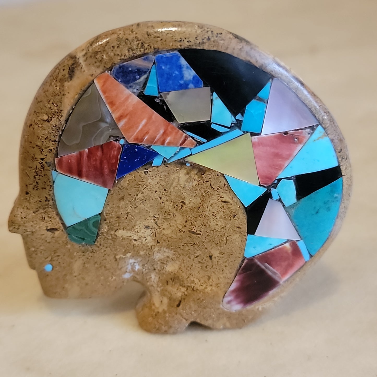 Chad Quandelacy Petrified Sand Dollar Medicine Bear w/Mosaic Inlay Zuni Fetish