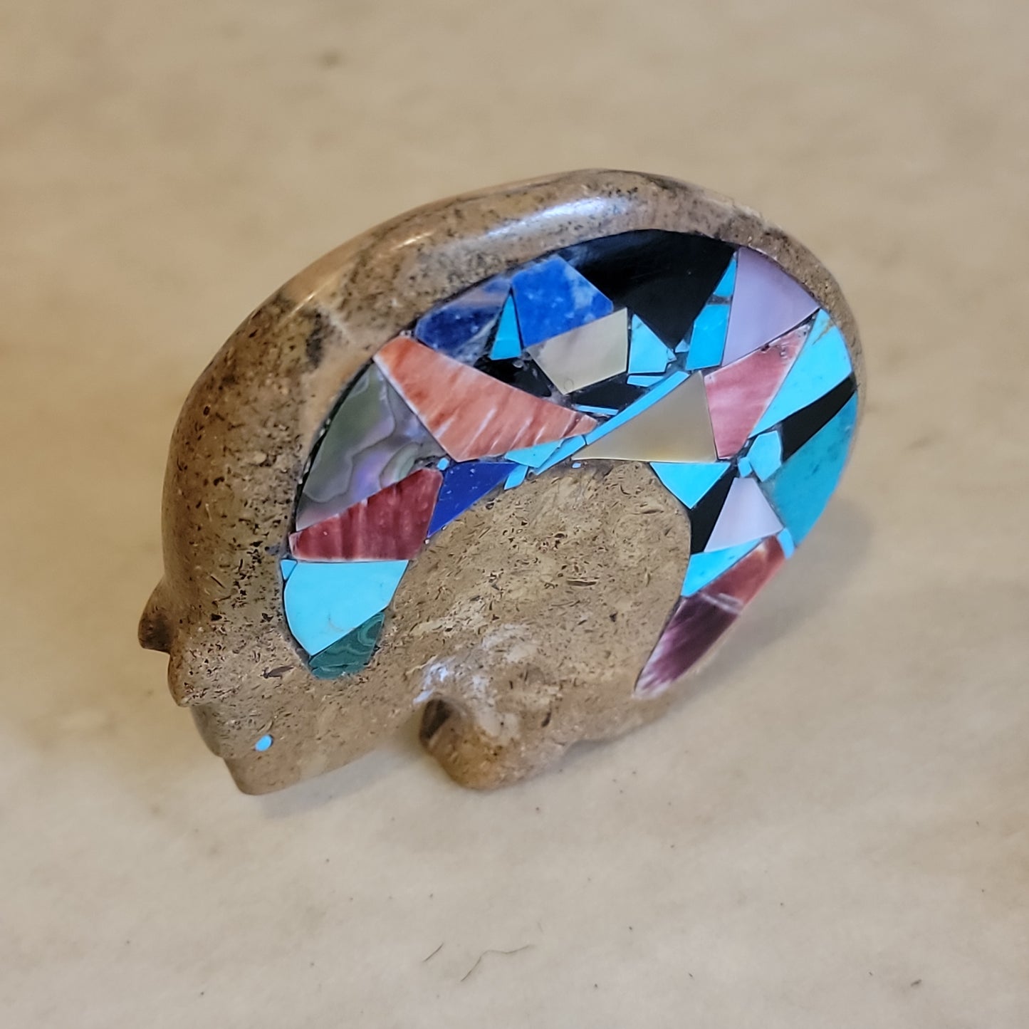 Chad Quandelacy Petrified Sand Dollar Medicine Bear w/Mosaic Inlay Zuni Fetish
