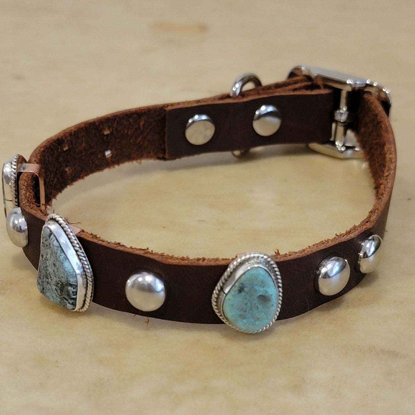 Turquoise and Sterling Silver with Leather  Navajo Dog Collar Indian Jewelry