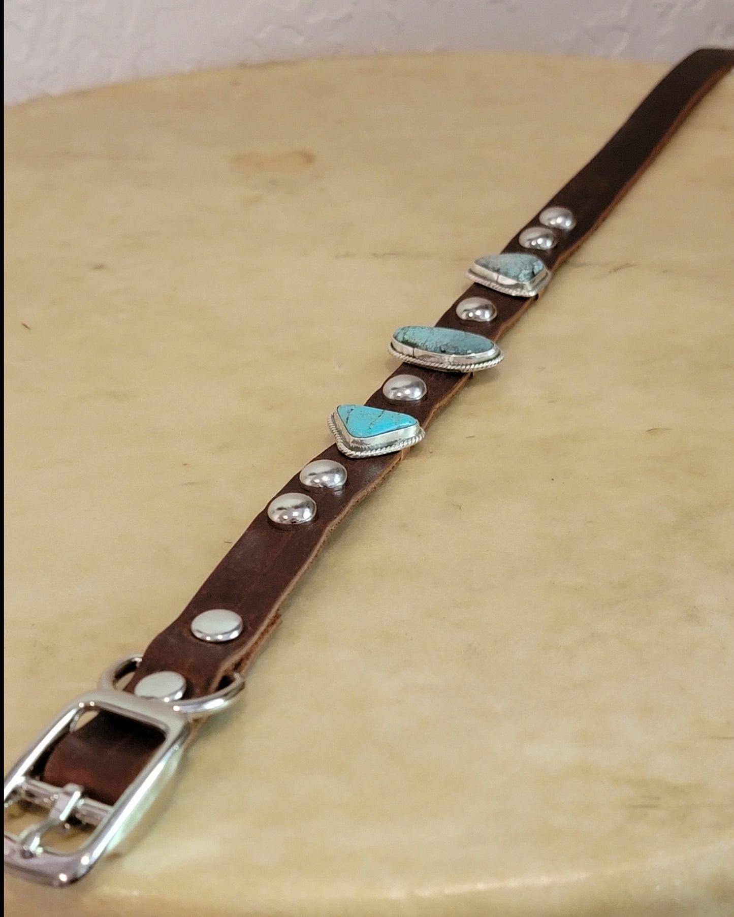 Navajo Turquoise and Sterling Silver on Leather Dog Collar Indian Jewelry