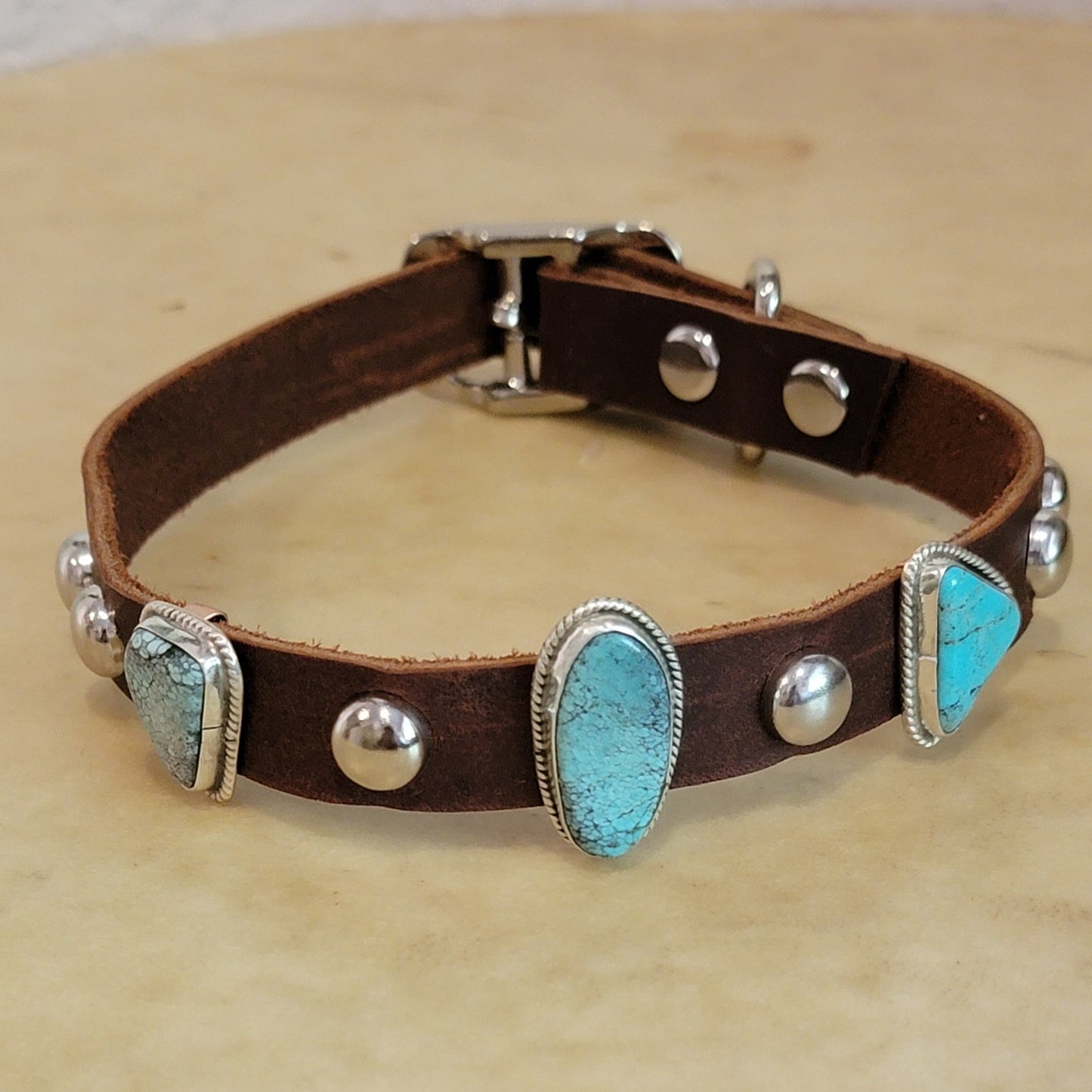 Navajo Turquoise and Sterling Silver on Leather Dog Collar Indian Jewelry