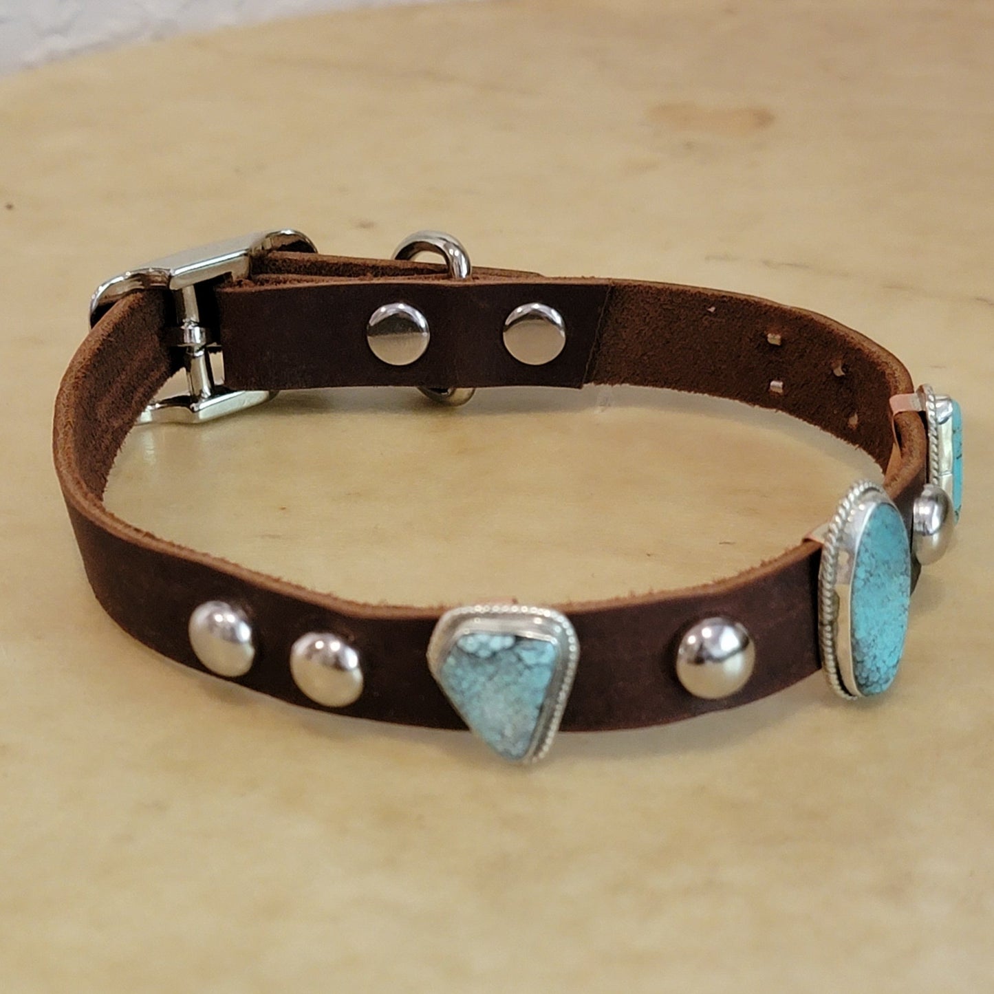 Navajo Turquoise and Sterling Silver on Leather Dog Collar Indian Jewelry