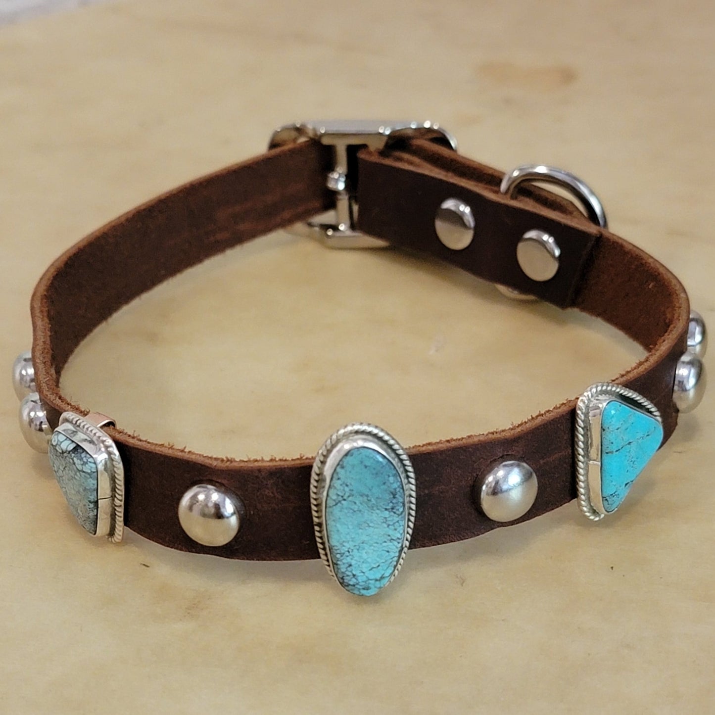 Navajo Turquoise and Sterling Silver on Leather Dog Collar Indian Jewelry