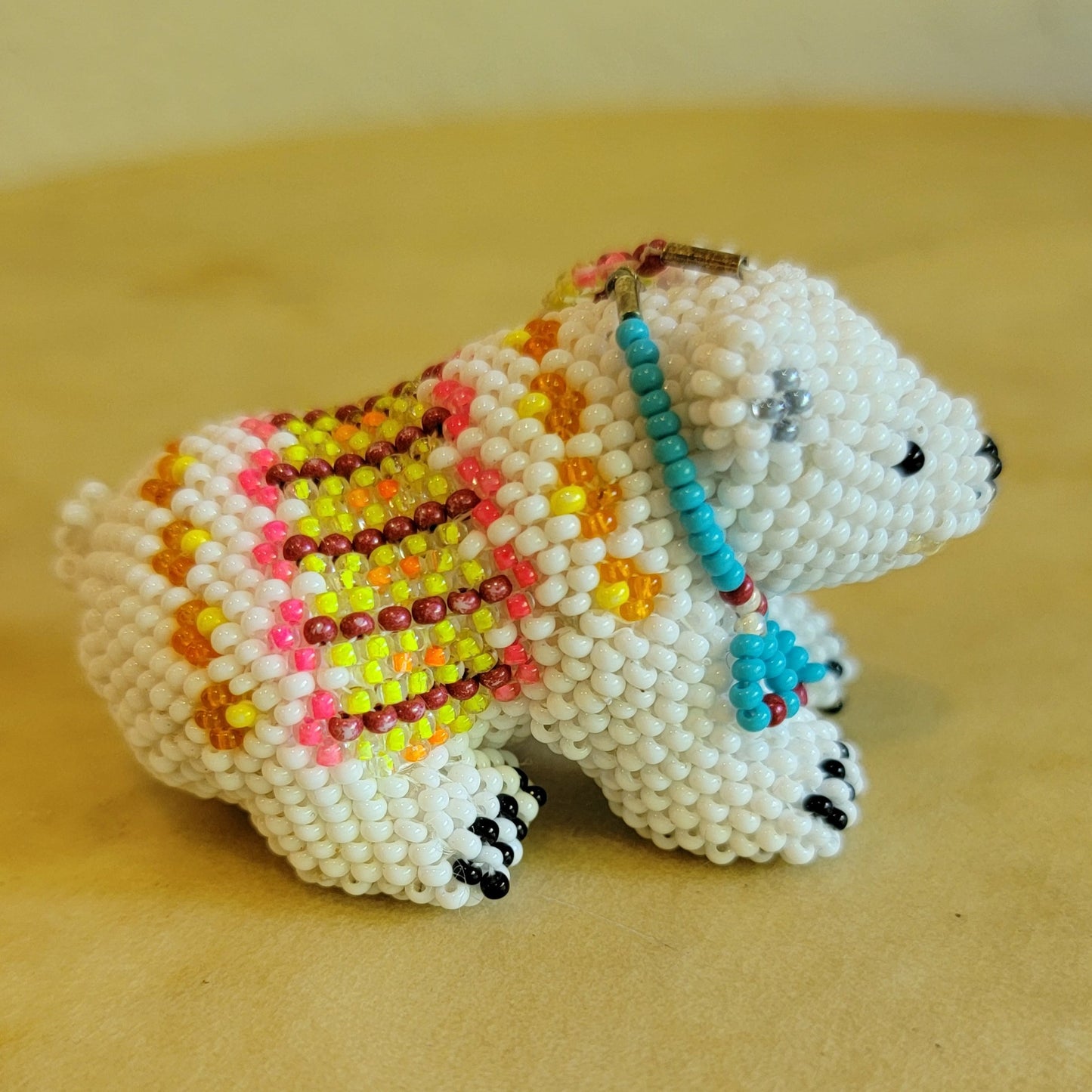 Faron Gahachu Fully Beaded Pueblo white Bear w/ Feather Indian Beadwork