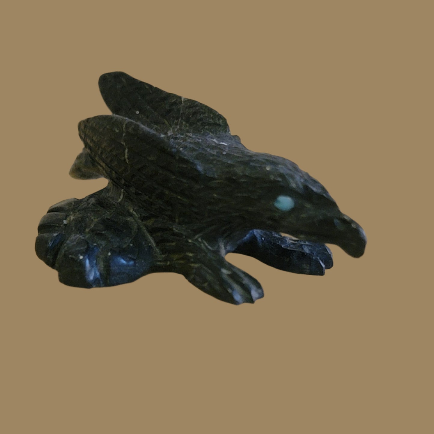 Landing on a Rock Ledge Black Marble Raven Zuni Fetish