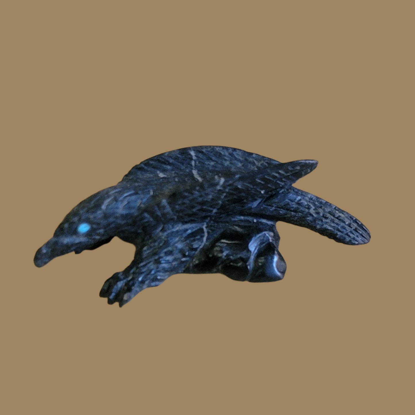 Landing on a Rock Ledge Black Marble Raven Zuni Fetish