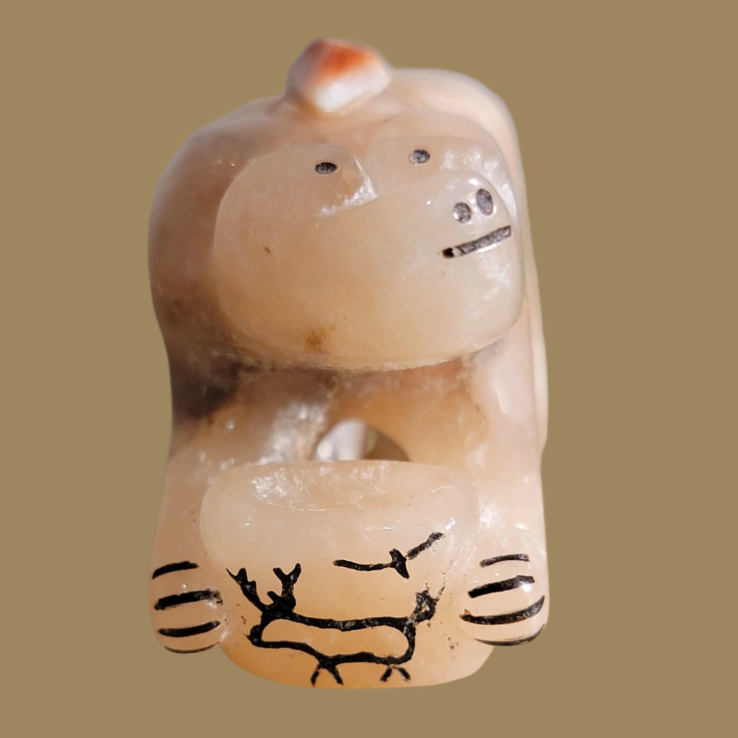 Peach Alabaster Bear w/Pottery Bowl Zuni Fetish