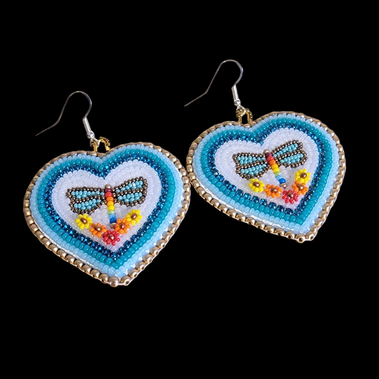 Elegant Heart Shaped Beaded Dragonfly/Floral Earrings Indian Beadwork