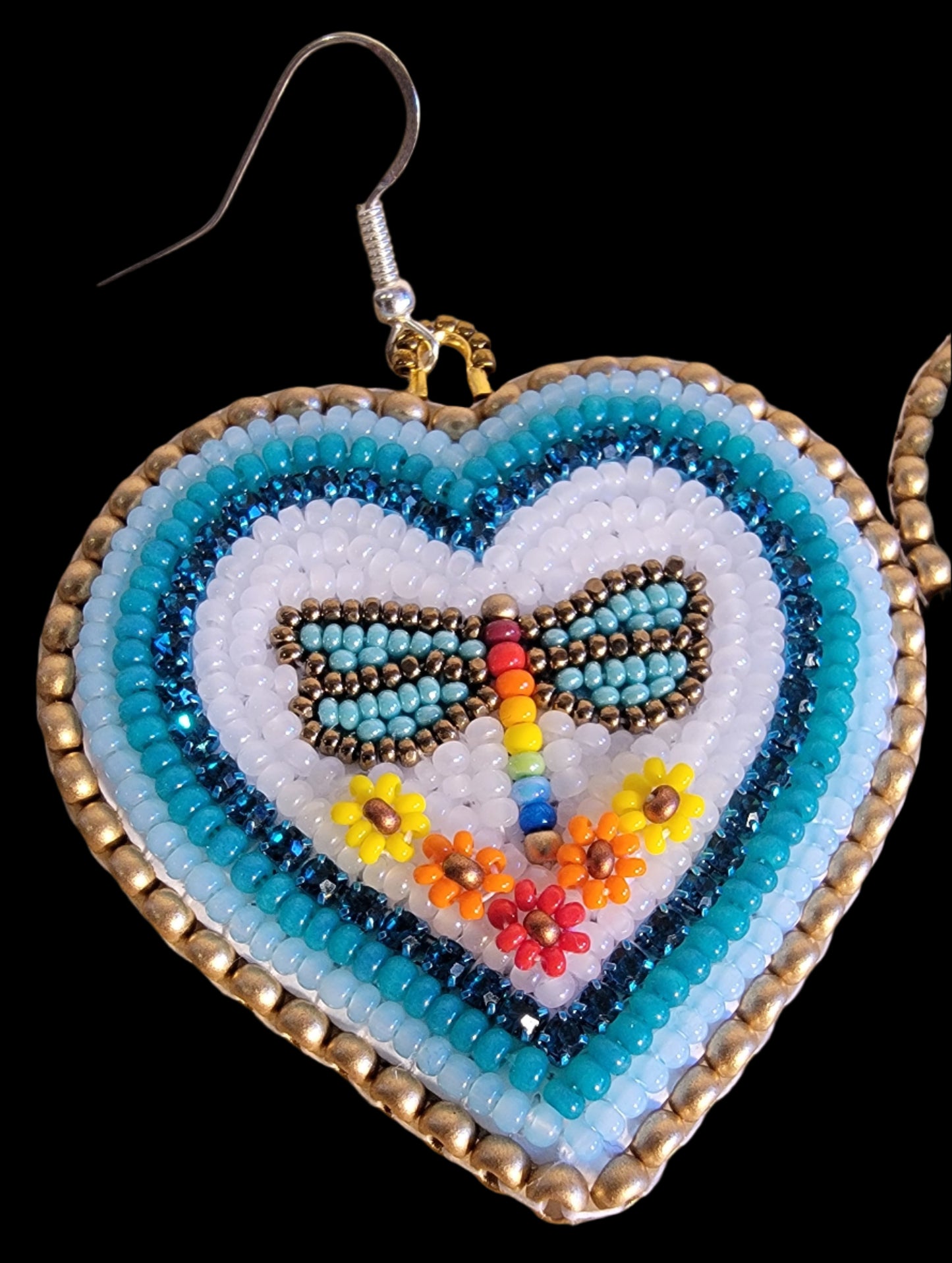 Elegant Heart Shaped Beaded Dragonfly/Floral Earrings Indian Beadwork