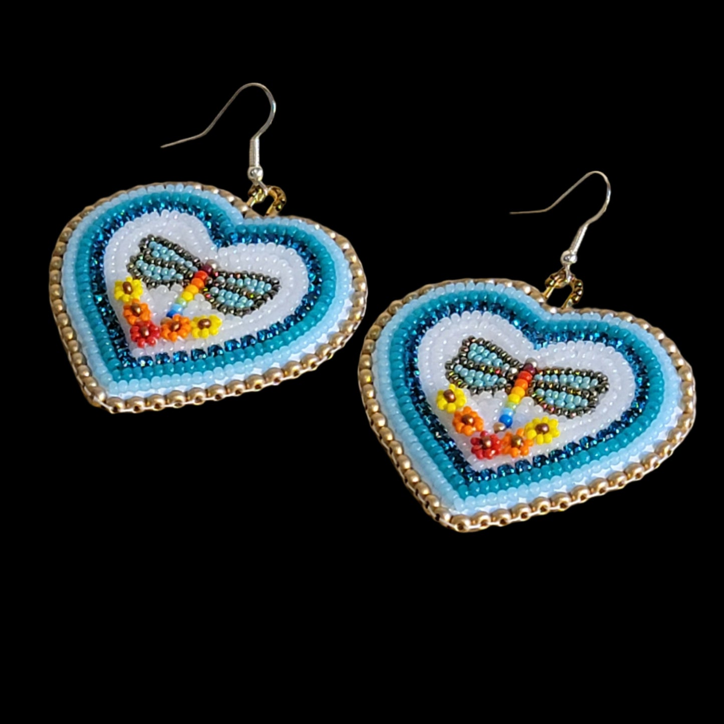 Elegant Heart Shaped Beaded Dragonfly/Floral Earrings Indian Beadwork