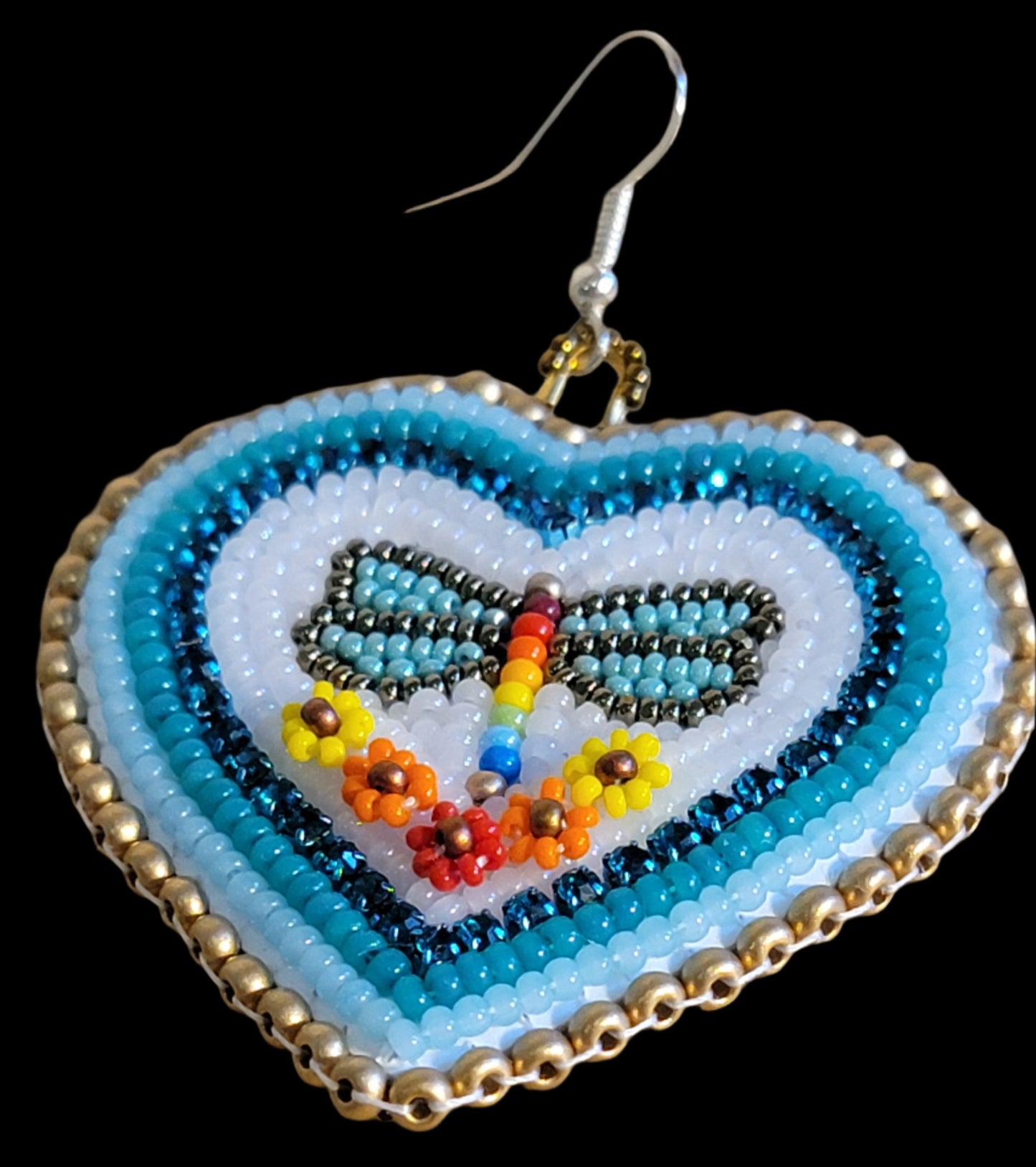 Elegant Heart Shaped Beaded Dragonfly/Floral Earrings Indian Beadwork