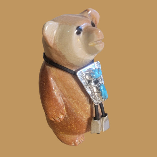 Darling Dolomite Bear w/Fancy Sterling Silver and Turquoise Bolo Tie Zuni Fetish