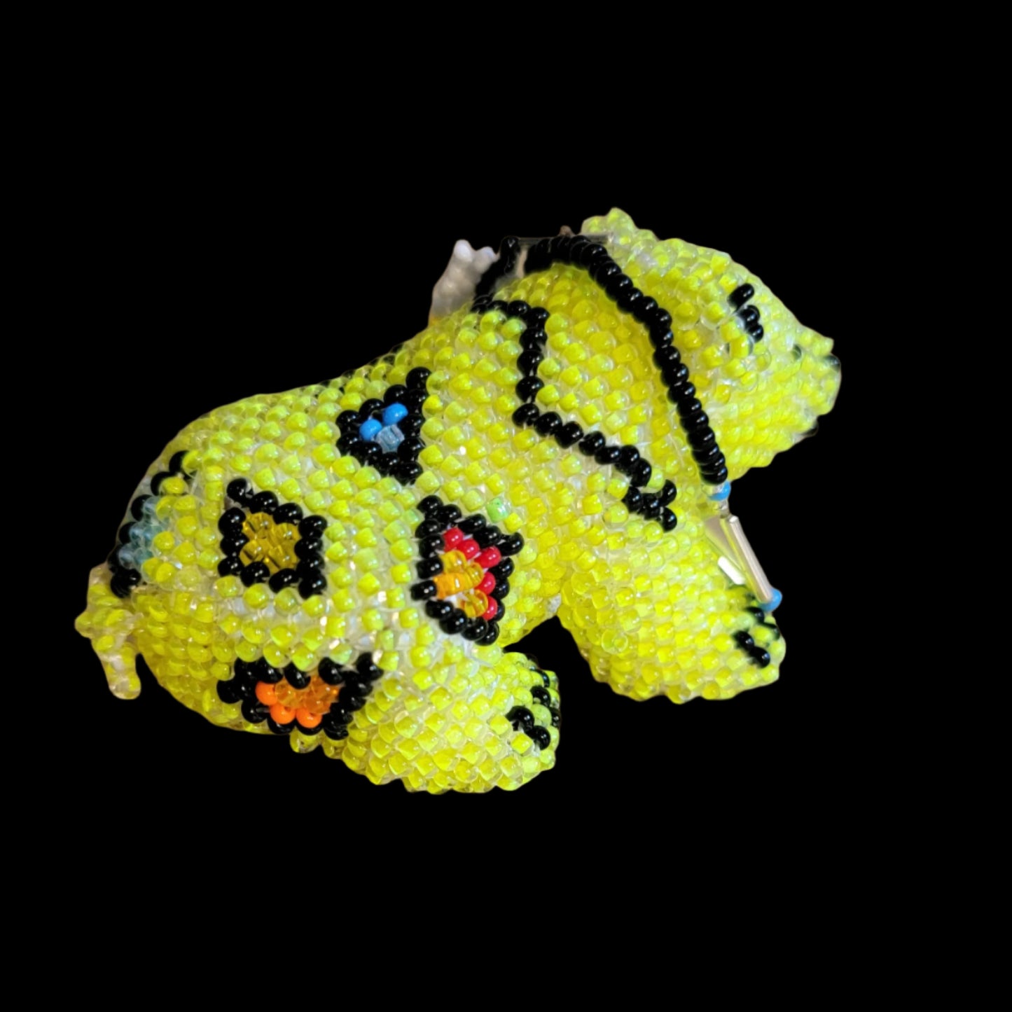 Fully Beaded Bear Cub w/Hanging Beaded Feather Indian Beadwork