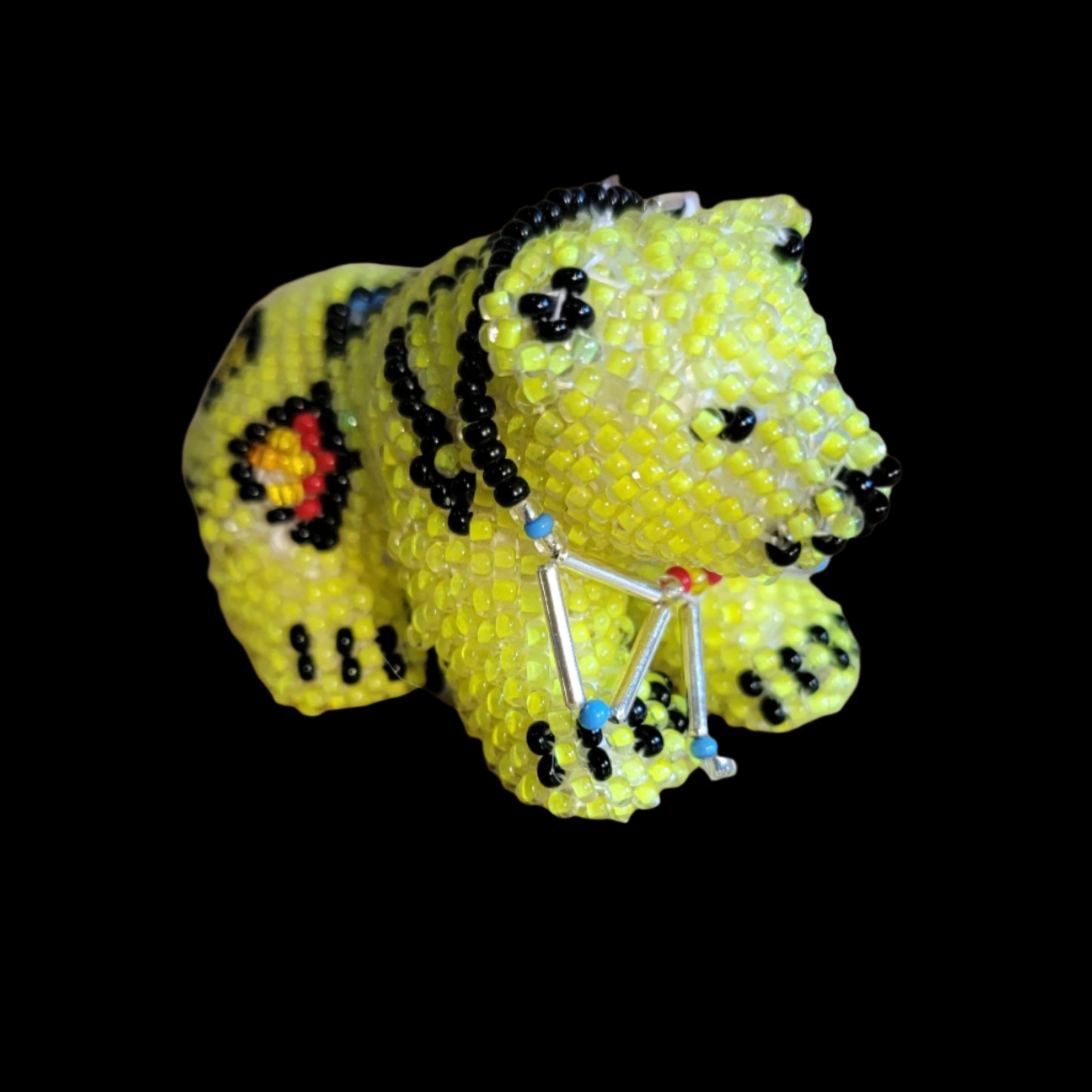 Fully Beaded Bear Cub w/Hanging Beaded Feather Indian Beadwork