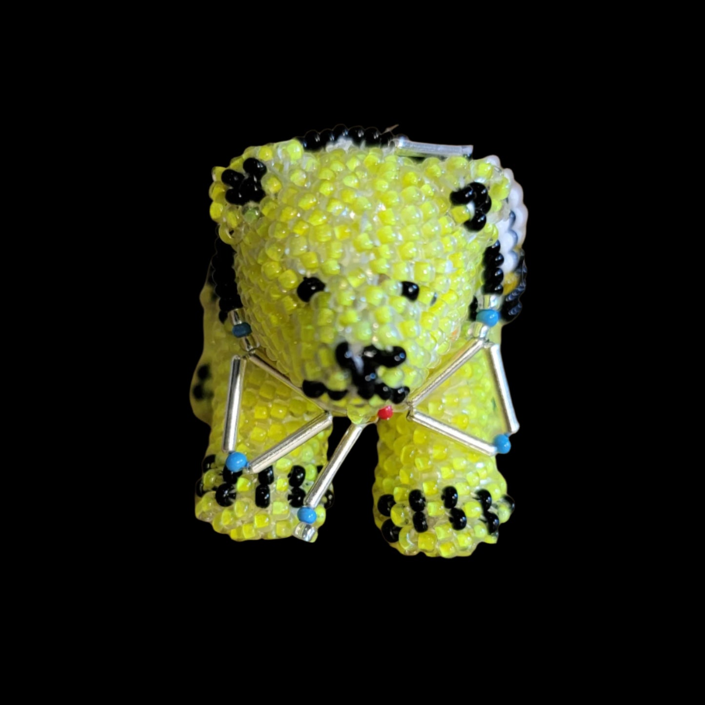 Fully Beaded Bear Cub w/Hanging Beaded Feather Indian Beadwork