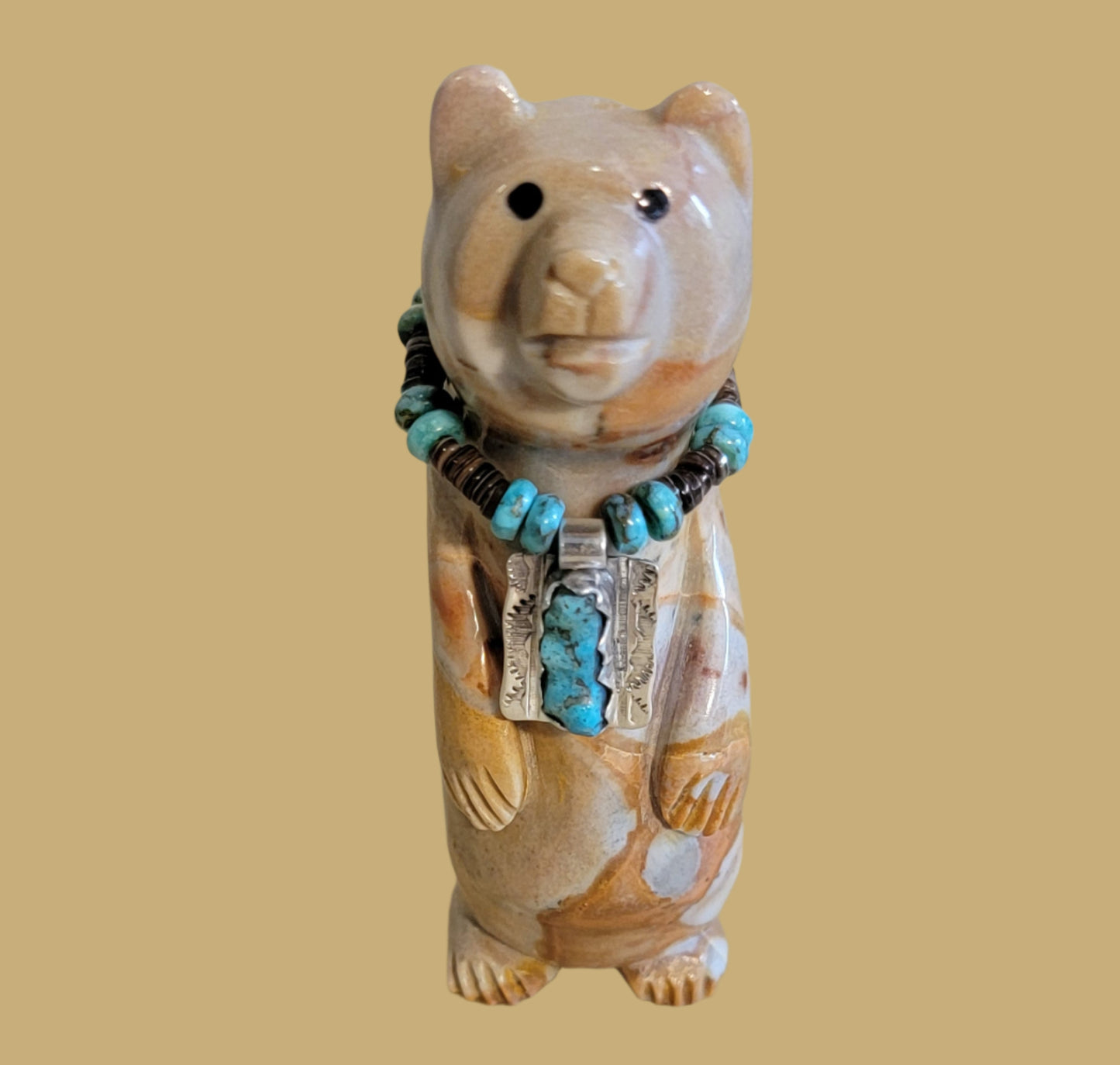 Charming Tijillite Bear w/Sterling Silver and Turquoise Necklace Zuni Fetish