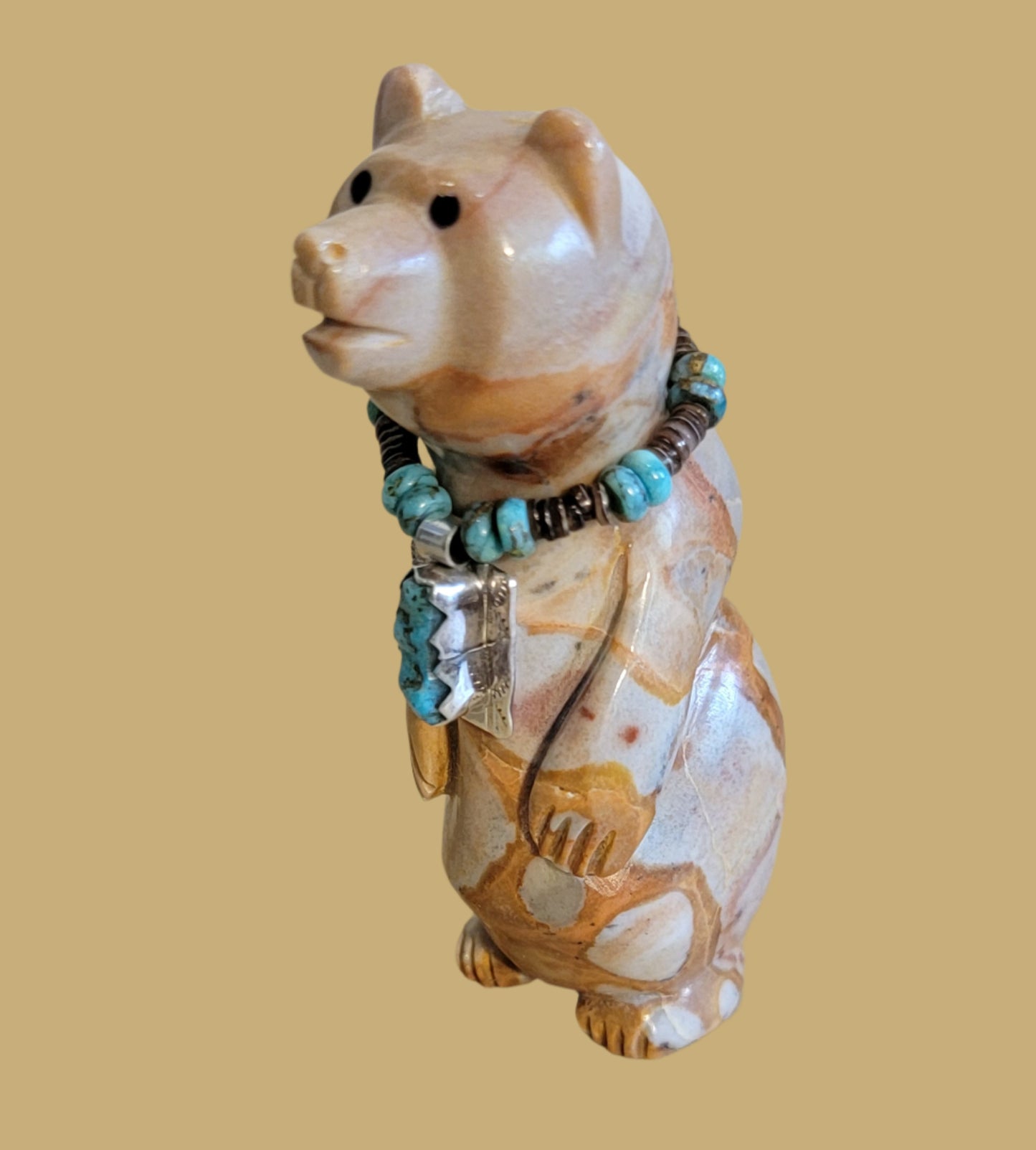 Charming Tijillite Bear w/Sterling Silver and Turquoise Necklace Zuni Fetish