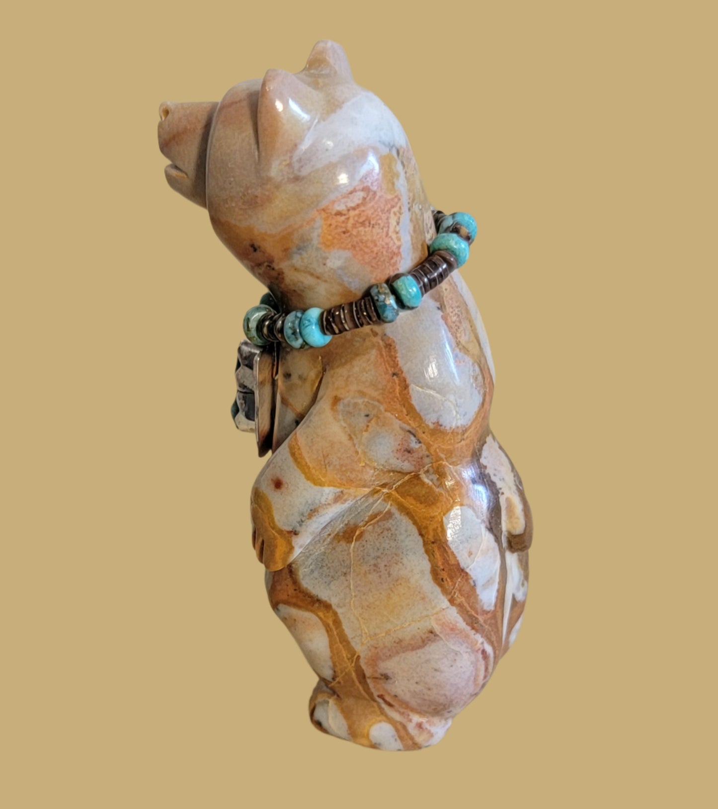 Charming Tijillite Bear w/Sterling Silver and Turquoise Necklace Zuni Fetish