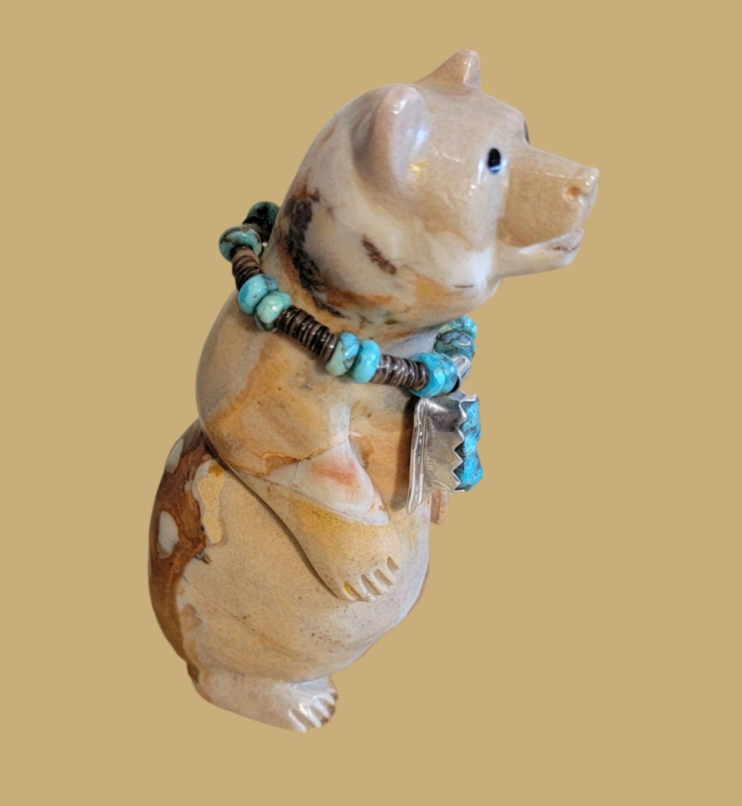 Charming Tijillite Bear w/Sterling Silver and Turquoise Necklace Zuni Fetish