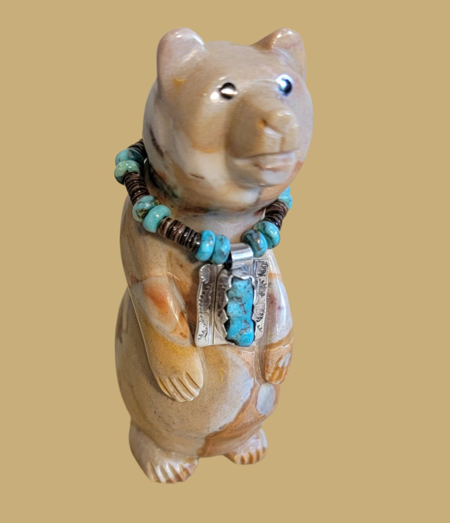 Charming Tijillite Bear w/Sterling Silver and Turquoise Necklace Zuni Fetish