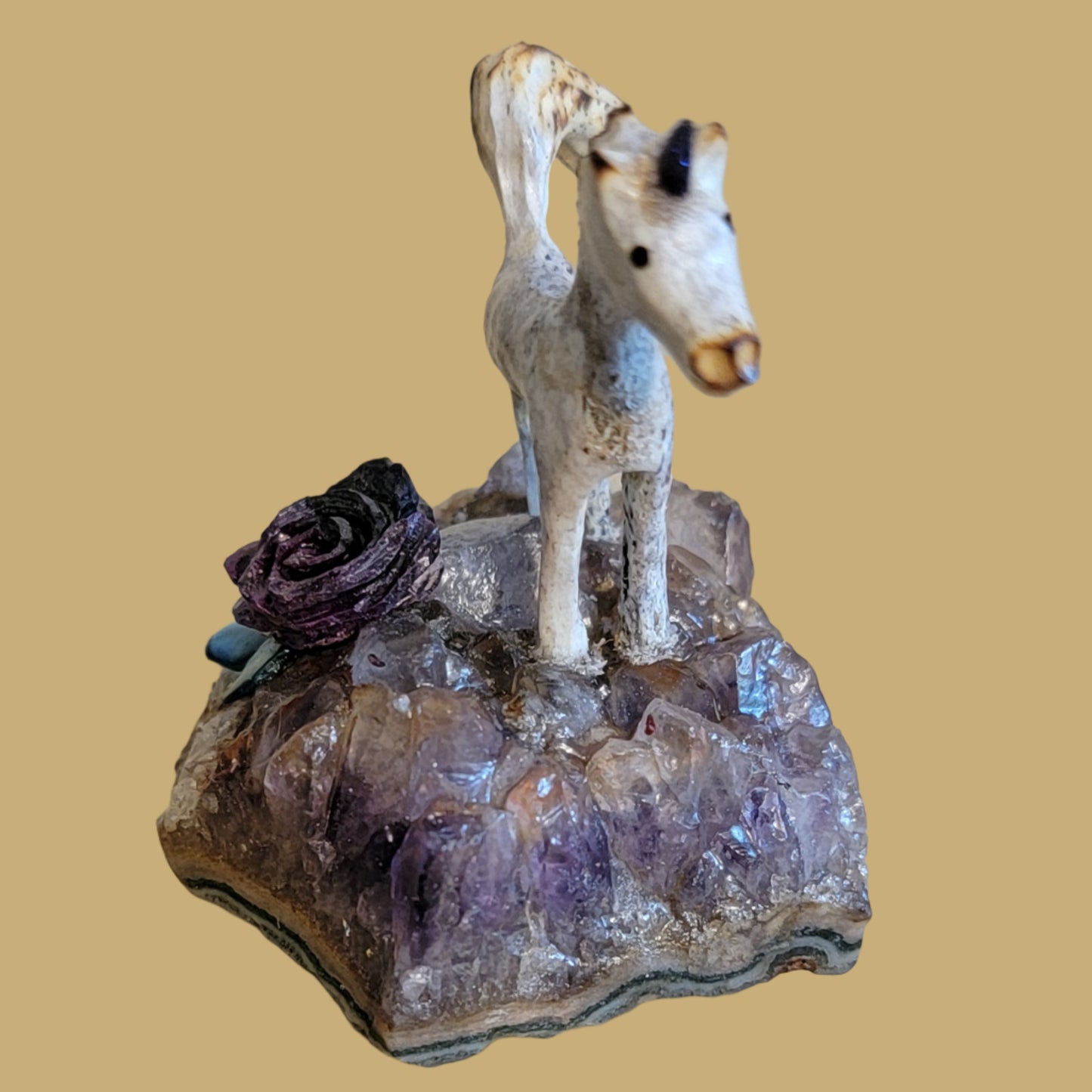 Antler Unicorn on Amethyst Base w/Rose Zuni Fetish