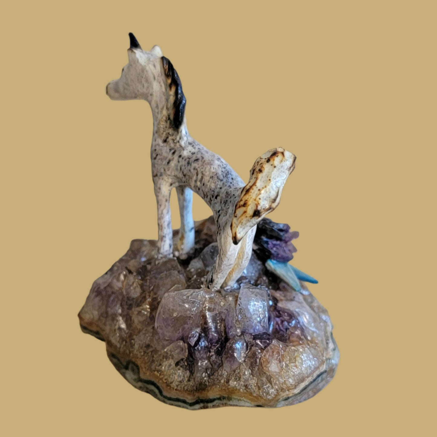 Antler Unicorn on Amethyst Base w/Rose Zuni Fetish