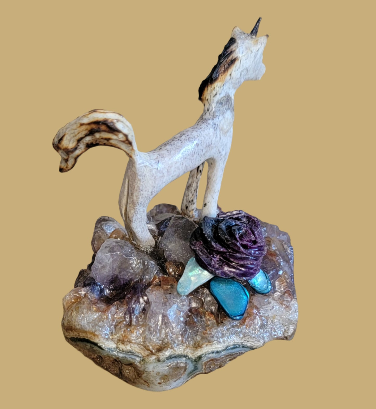 Antler Unicorn on Amethyst Base w/Rose Zuni Fetish