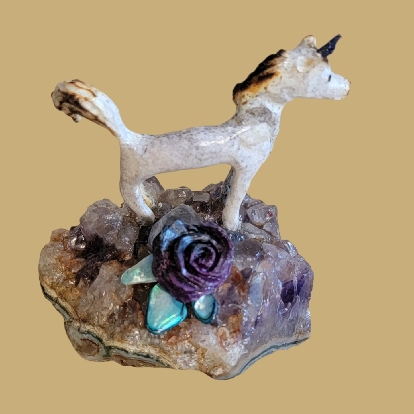 Antler Unicorn on Amethyst Base w/Rose Zuni Fetish