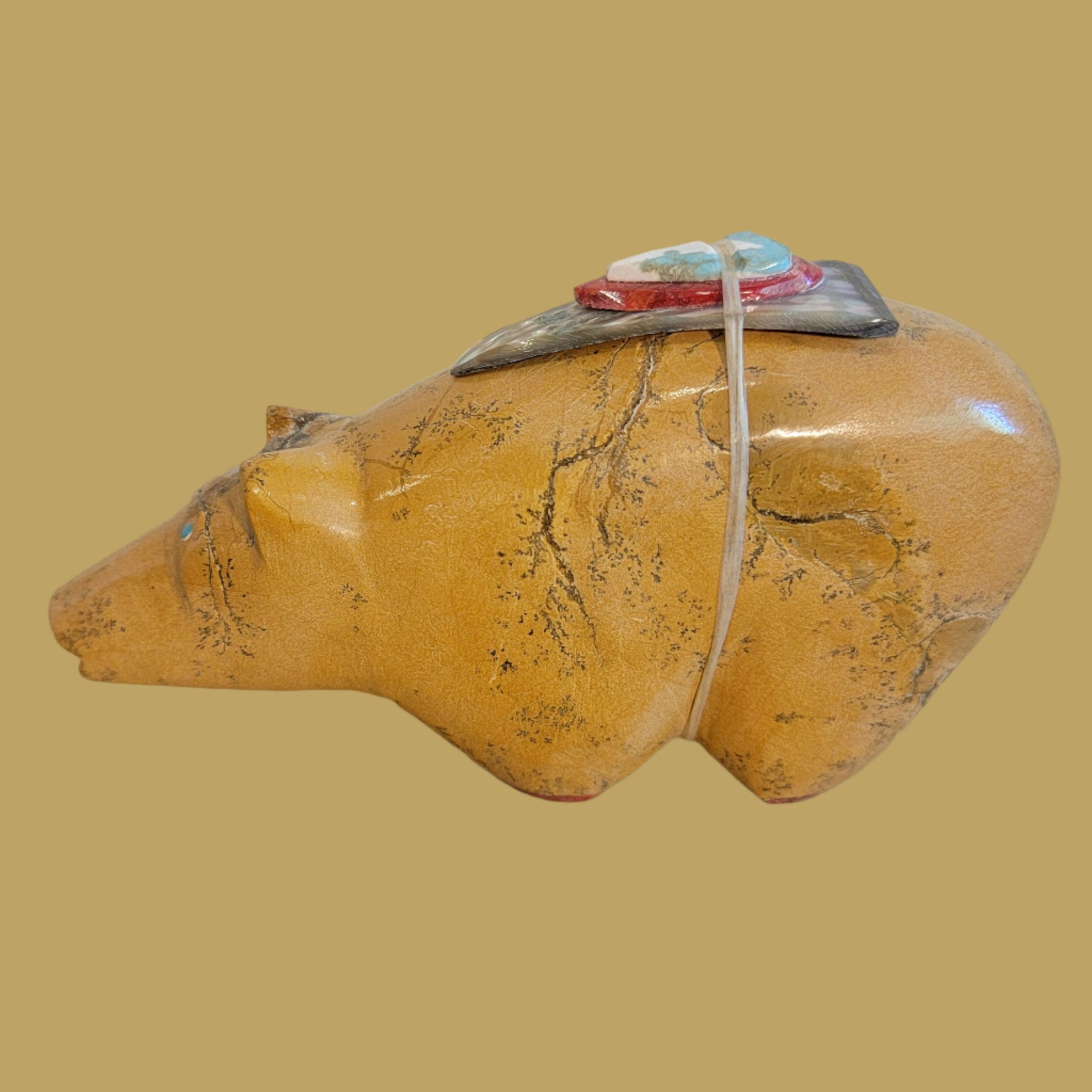 Large Zuni Stone/Travertine Bear with Colorful Pack and Paws Zuni Fetish