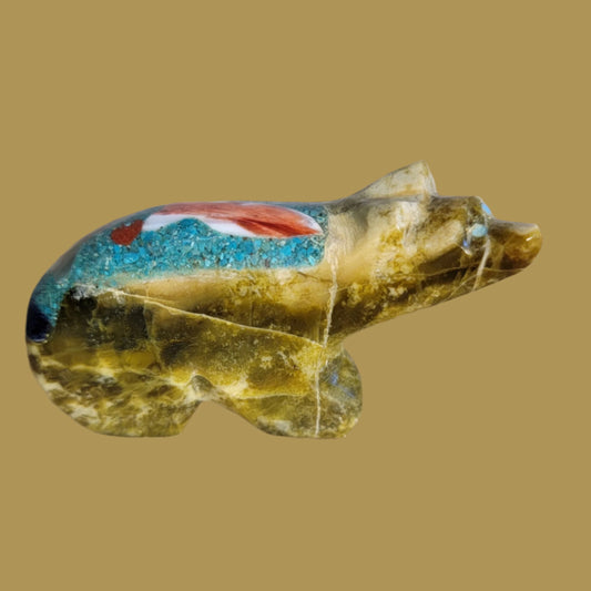 Mosaic Inlay Bear w/ Inlaid Fish Design Zuni Fetish