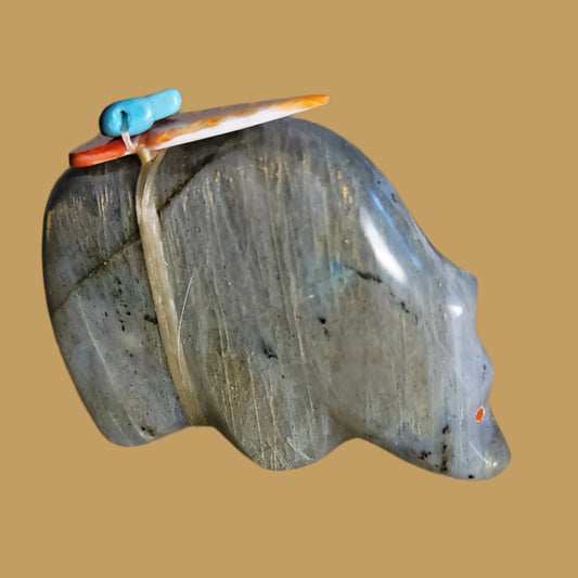Labradorite Grizzly Bear w/Colorful Offering Zuni Fetish