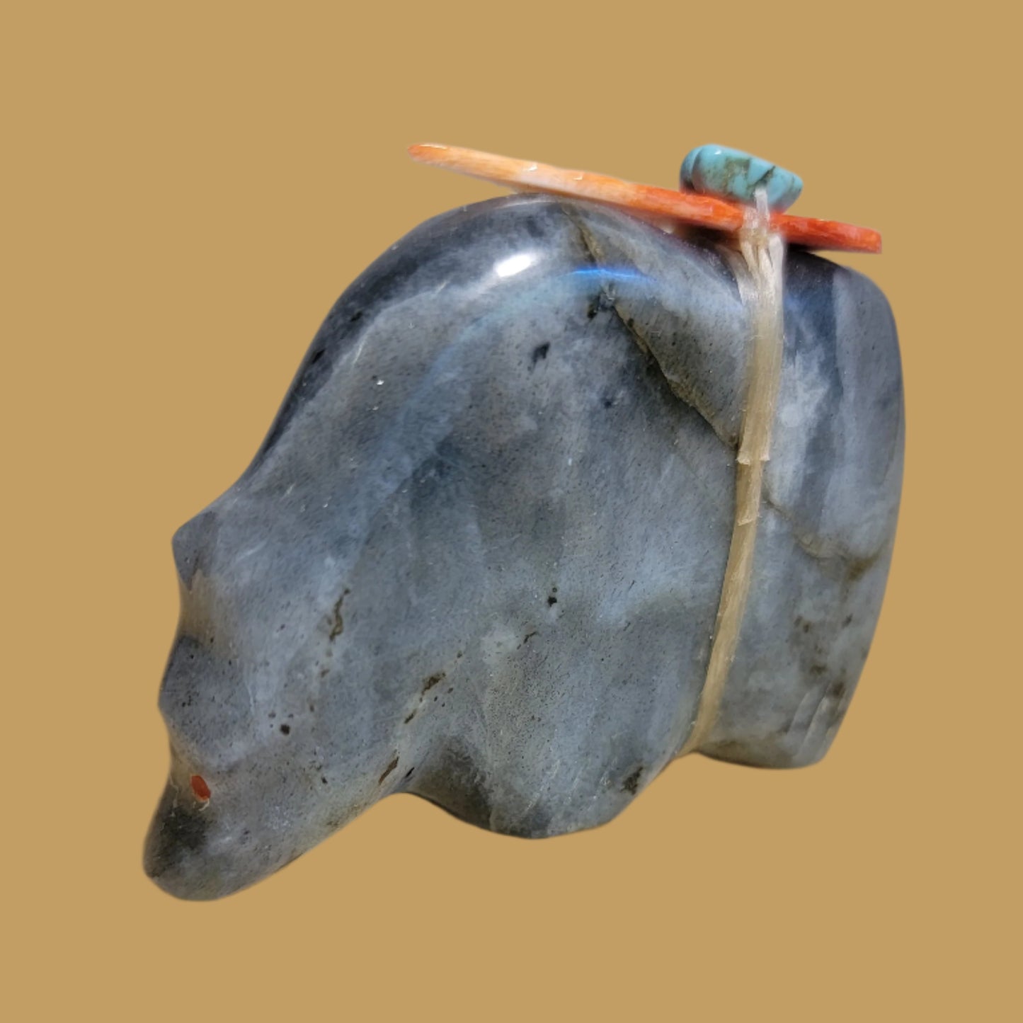 Labradorite Grizzly Bear w/Colorful Offering Zuni Fetish