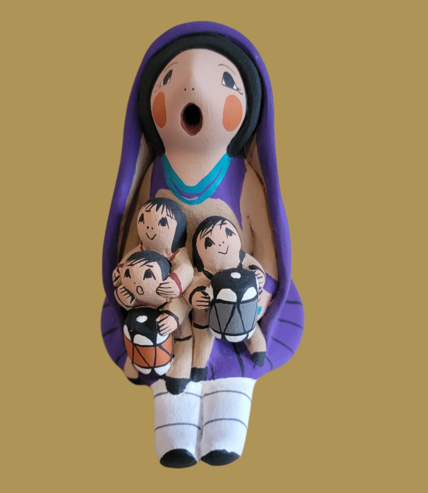 Jemez Pueblo Storyteller w/Three Children and Purple Shawl Pueblo Pottery