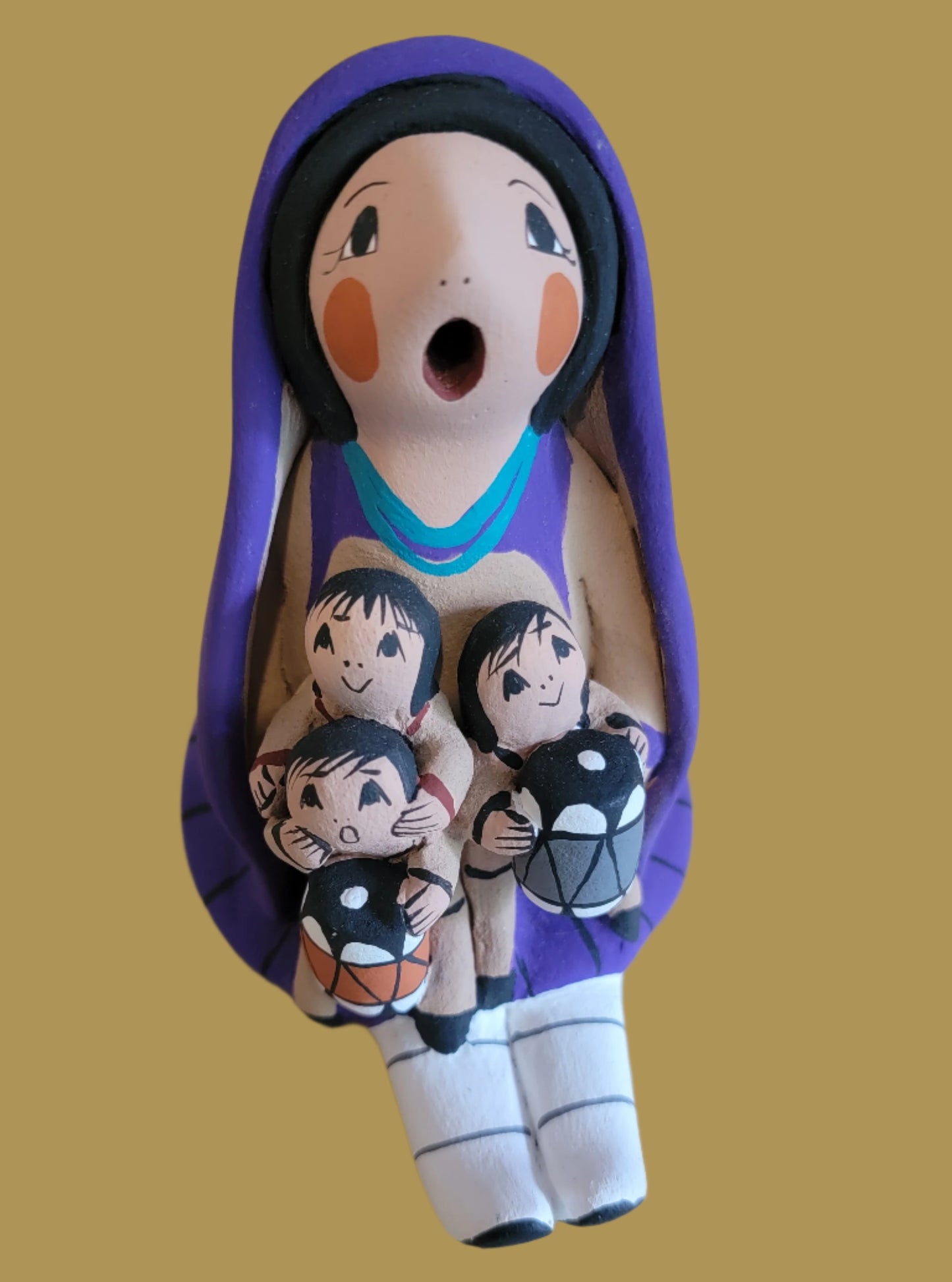 Jemez Pueblo Storyteller w/Three Children and Purple Shawl Pueblo Pottery