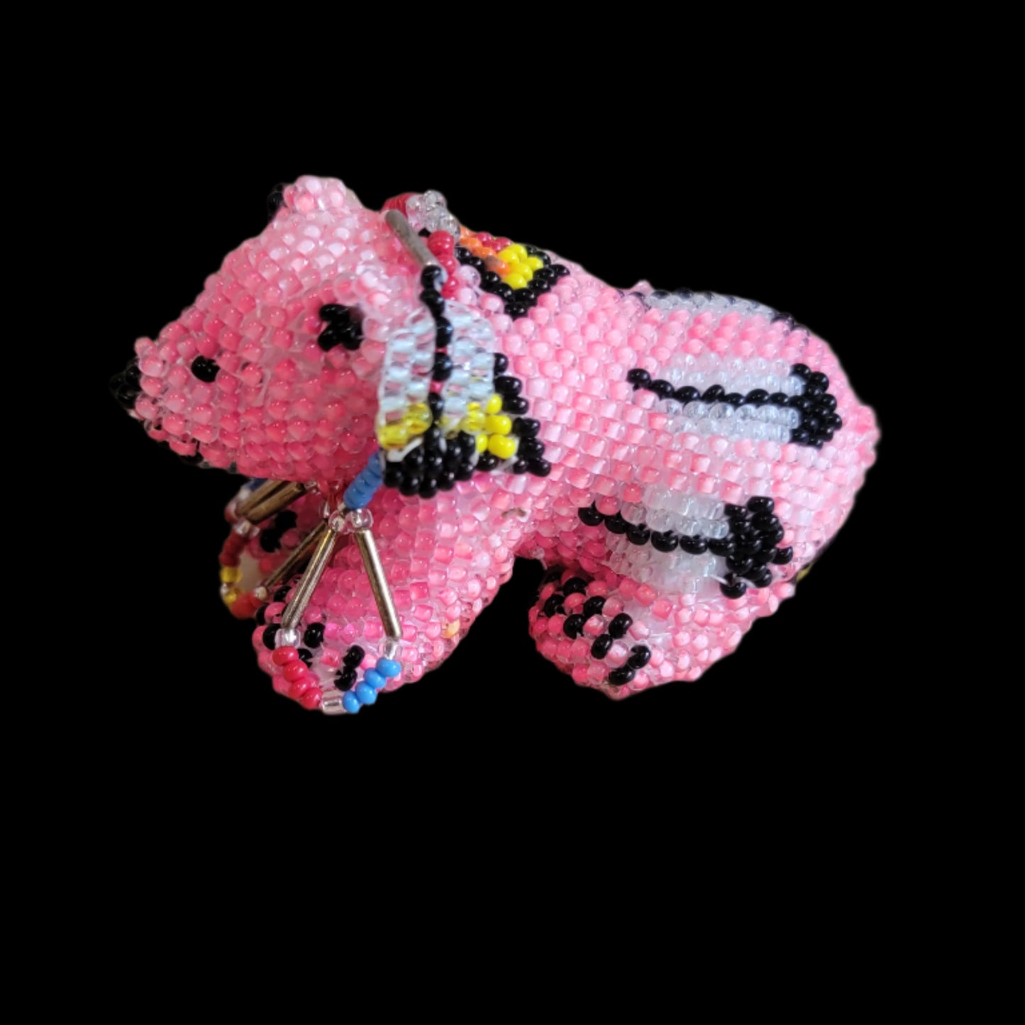 Fully Bead Bear Cub w/ Dangling Feather Indian Beadwork