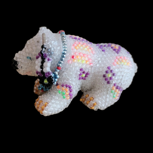 Powerful Fully Beaded White Bear w/ Feather and Bling Indian Beadwork