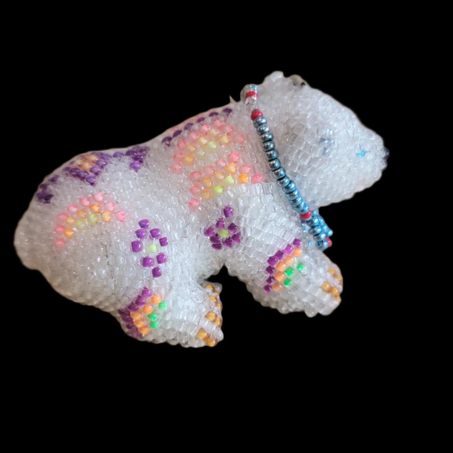 Powerful Fully Beaded White Bear w/ Feather and Bling Indian Beadwork
