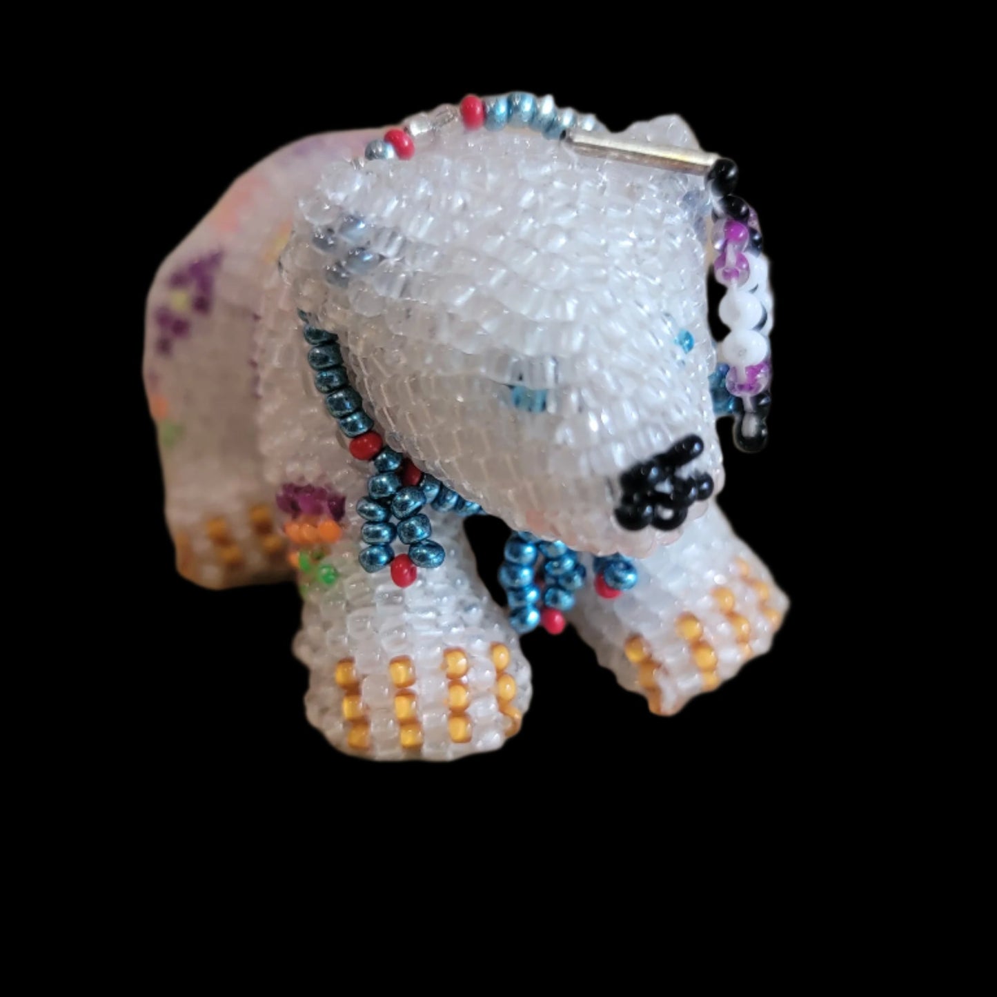 Powerful Fully Beaded White Bear w/ Feather and Bling Indian Beadwork